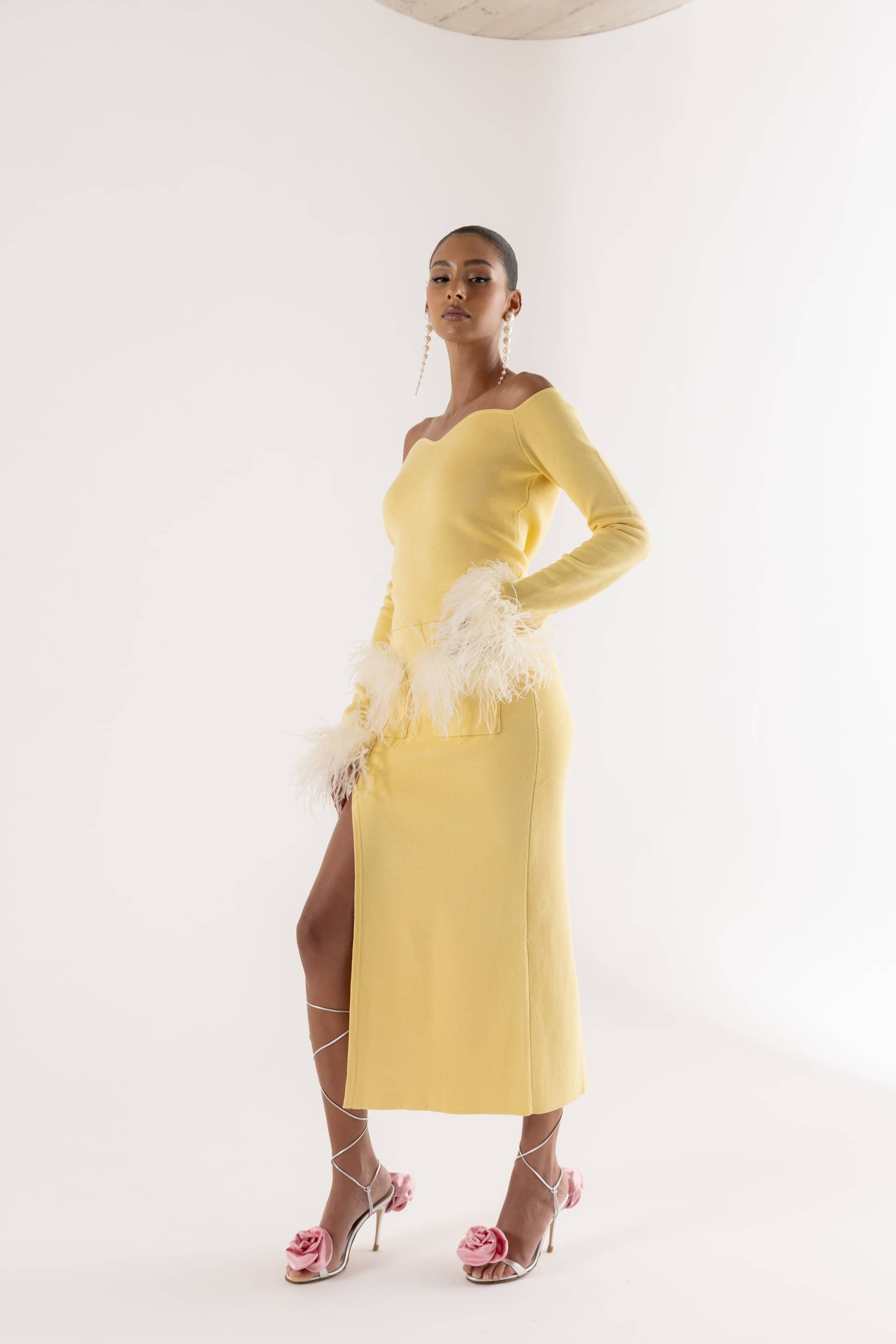 Yellow Vanilla Knit Skirt With Feathers made by ANDREEVA