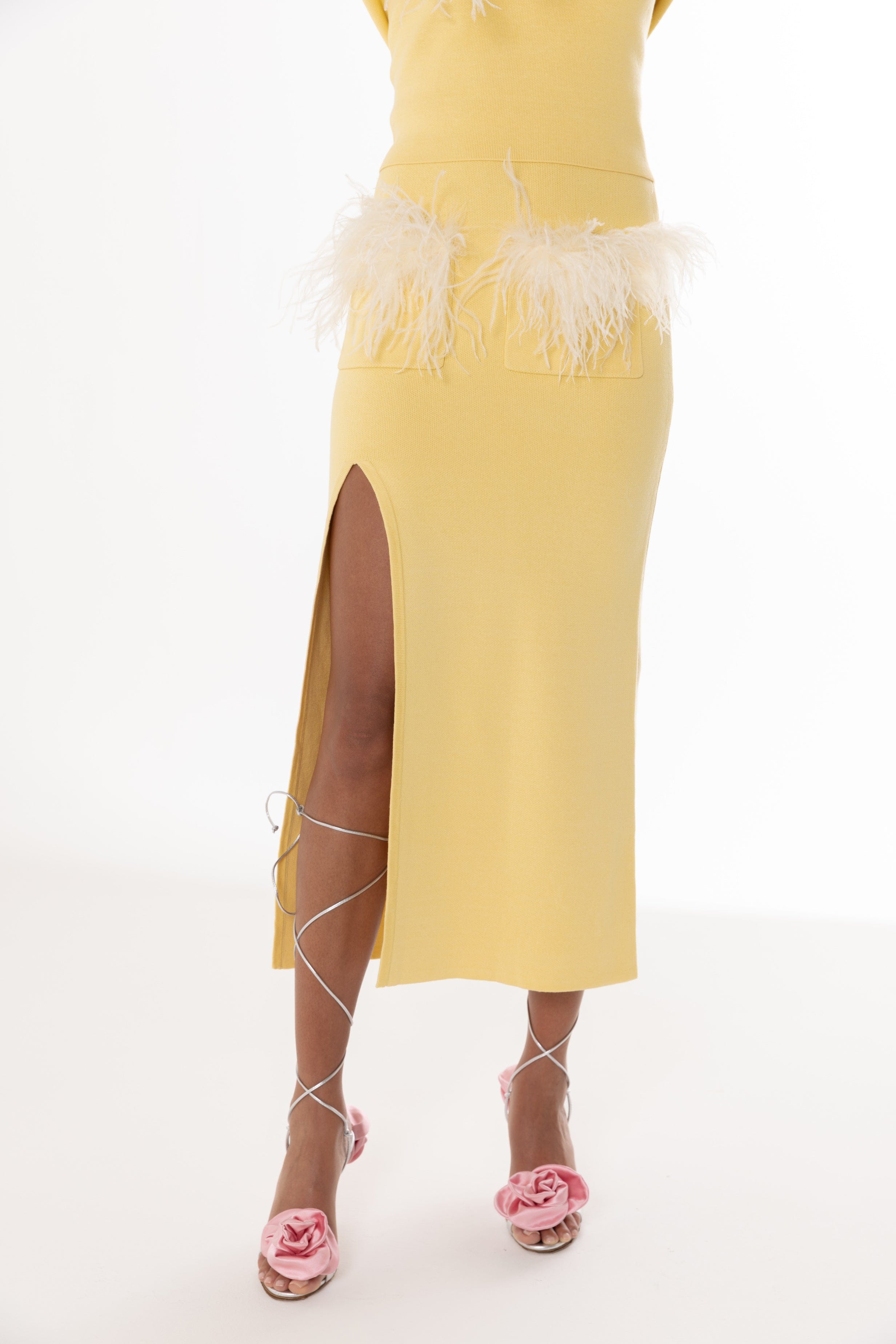 Yellow Vanilla Knit Skirt With Feathers made by ANDREEVA
