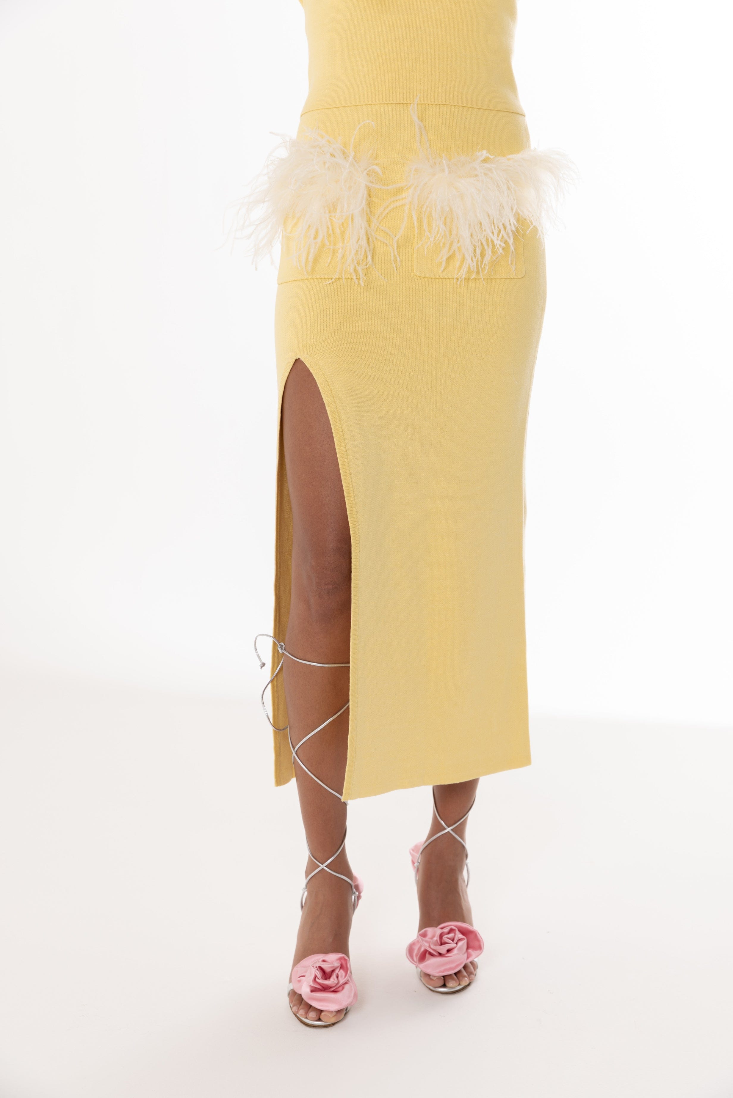 Yellow Vanilla Knit Skirt With Feathers made by ANDREEVA