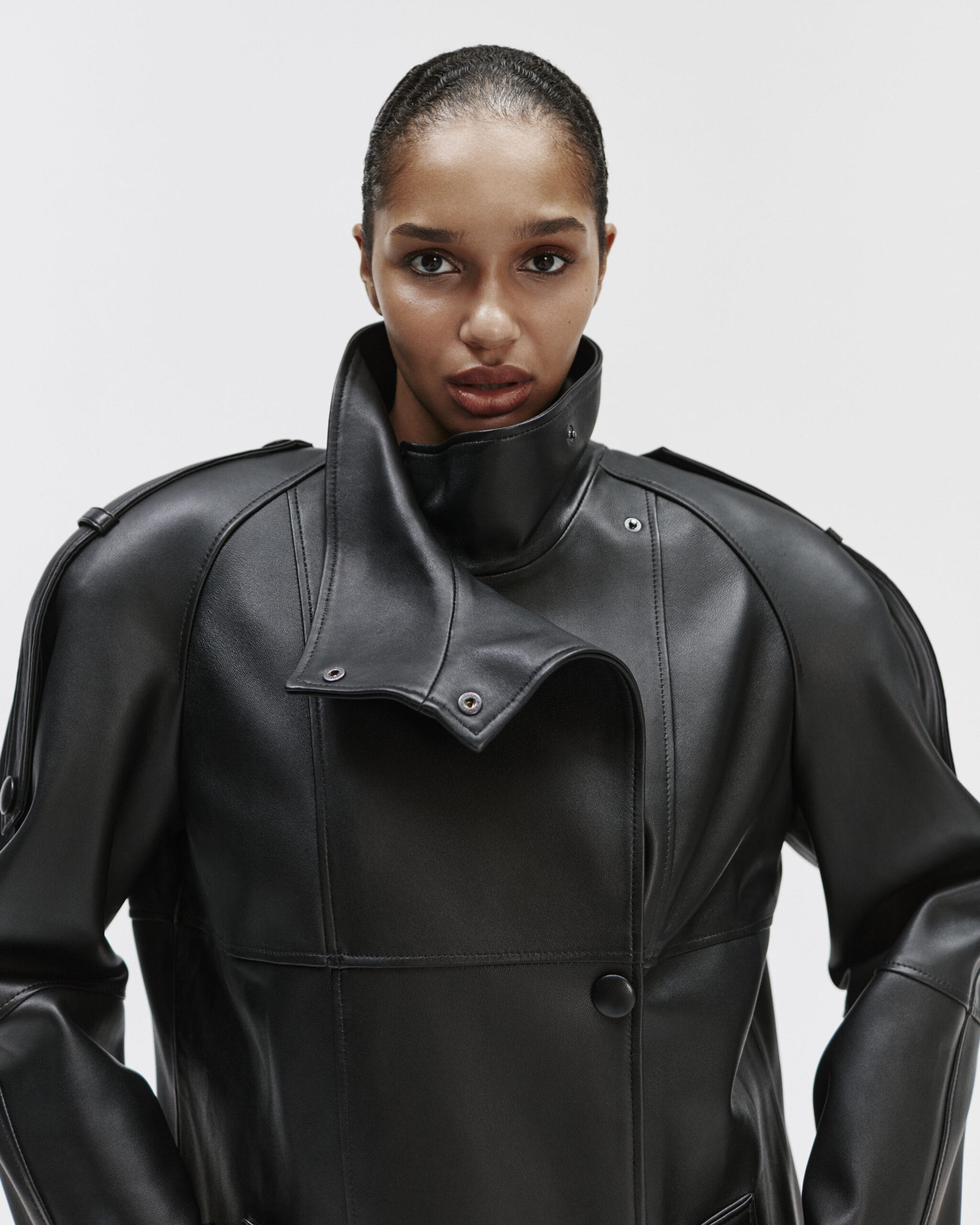 Long Leather Coat With Epaulettes made by YAVORSKA