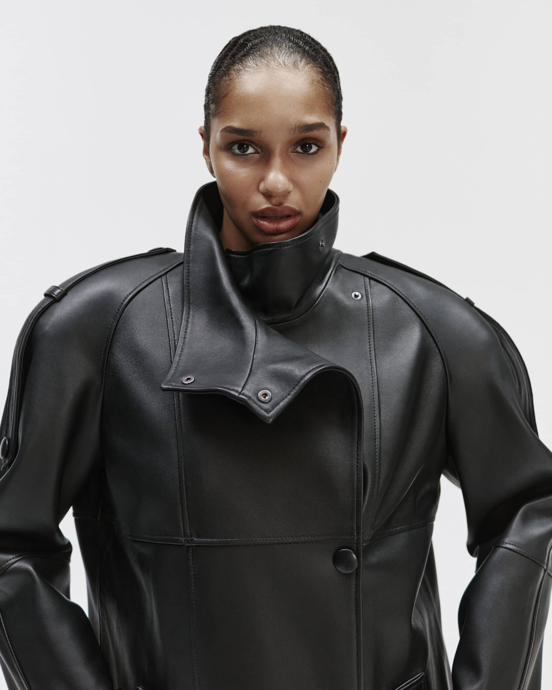 Long Leather Coat With Epaulettes made by YAVORSKA