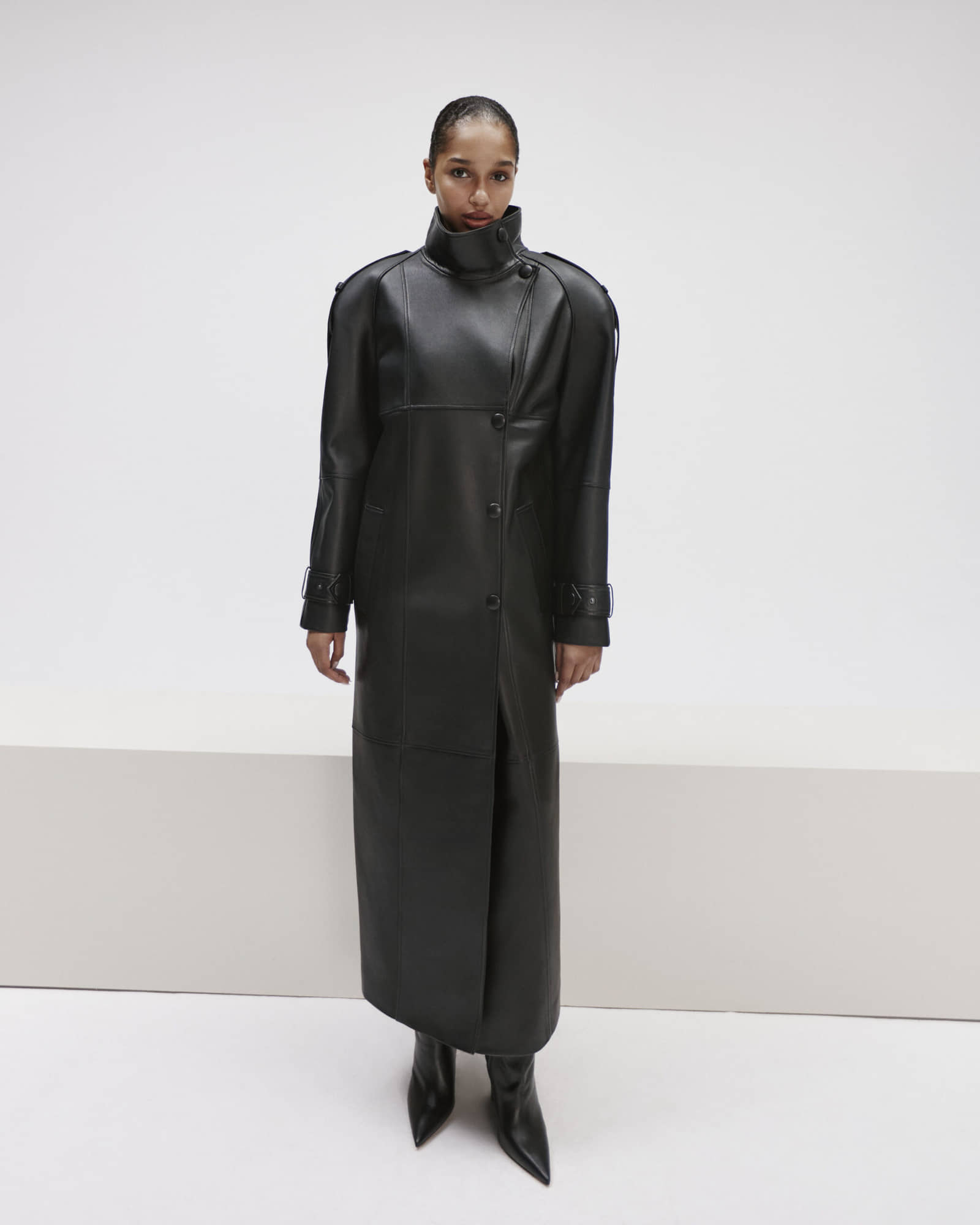 Long Leather Coat With Epaulettes made by YAVORSKA