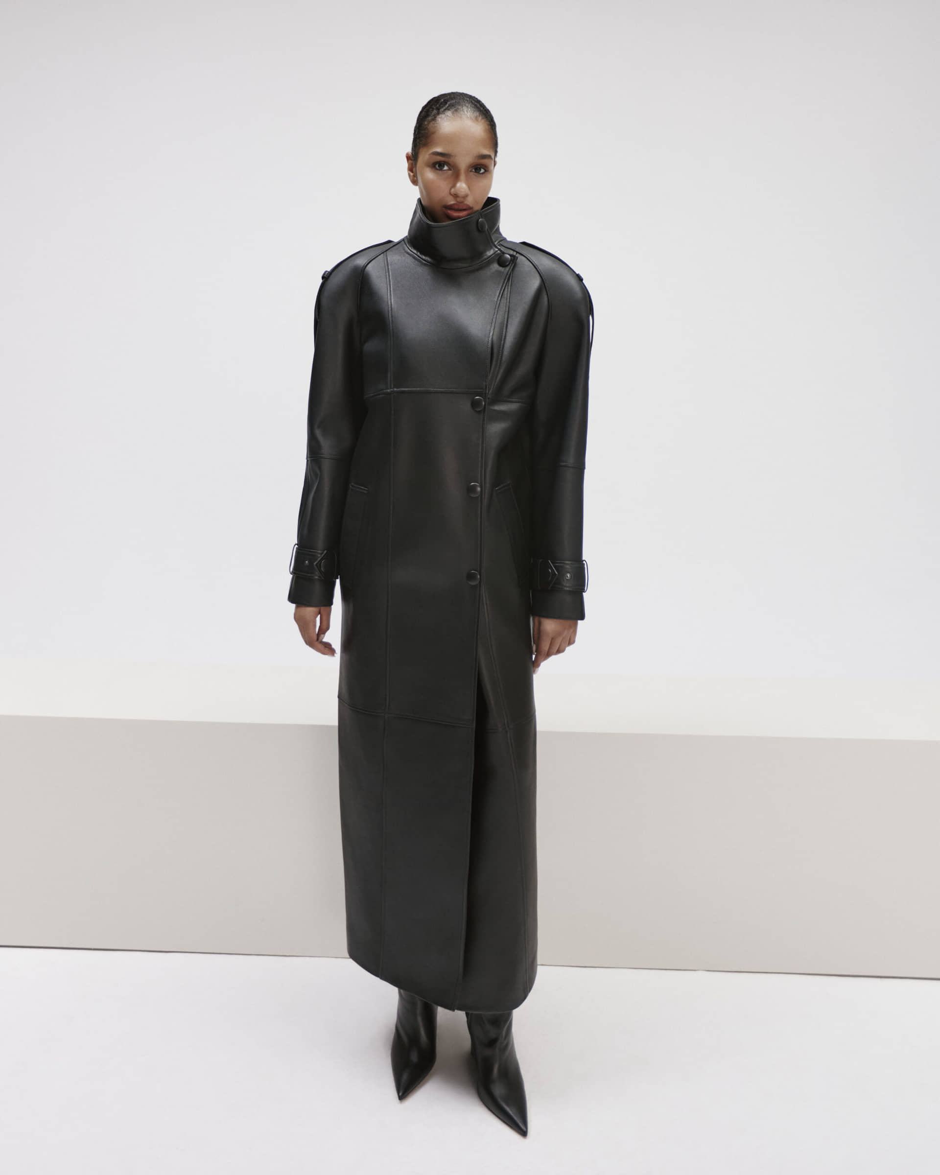 Long Leather Coat With Epaulettes made by YAVORSKA