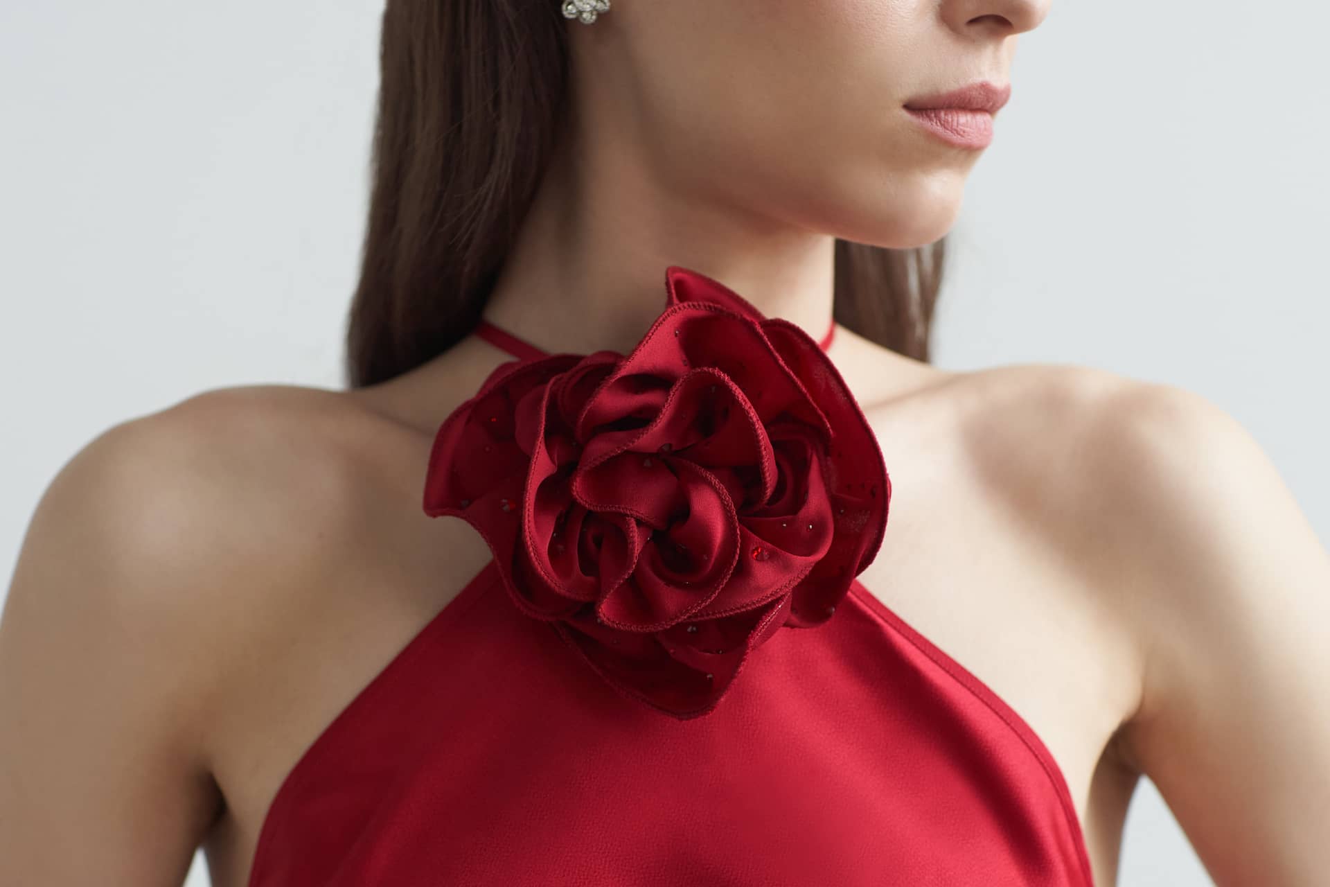 Belle Halter Neck Silky Dress With Crystallised Floral Corsage made by Vasiliki