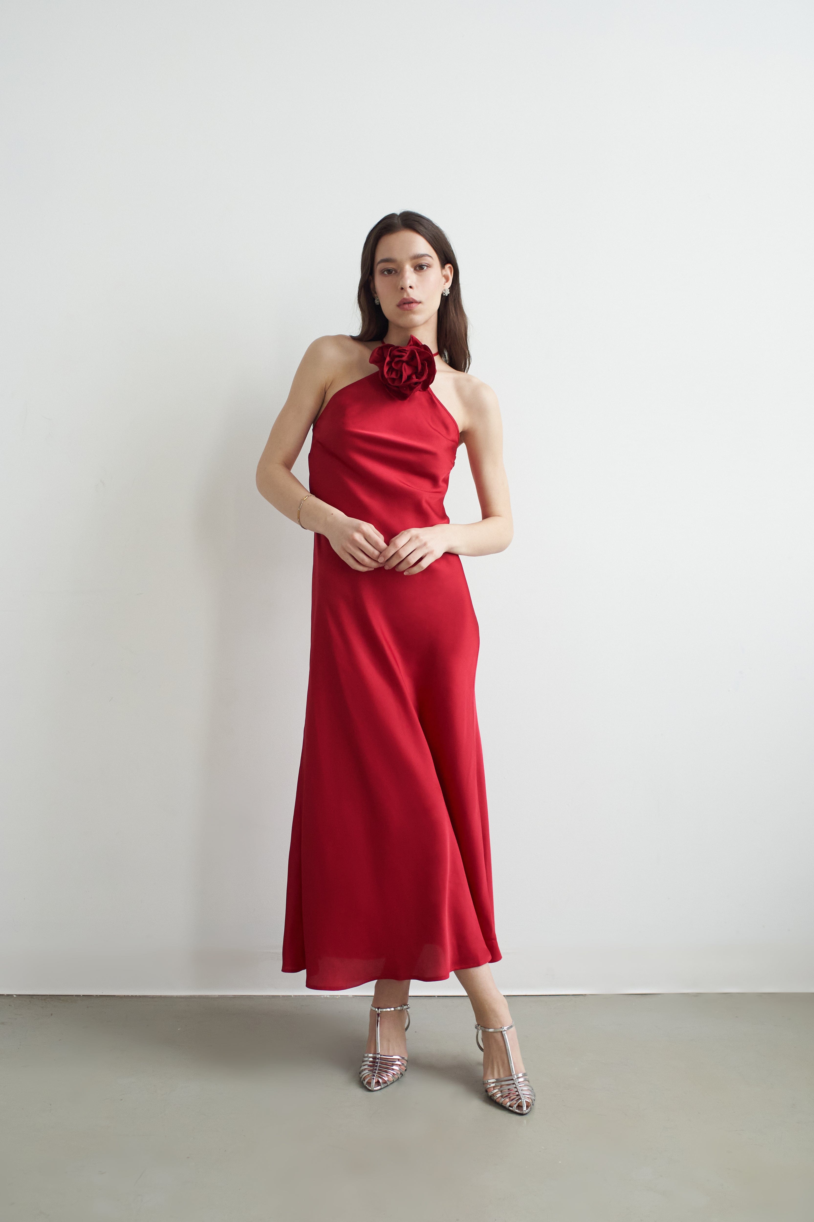 Belle Halter Neck Silky Dress With Crystallised Floral Corsage made by Vasiliki