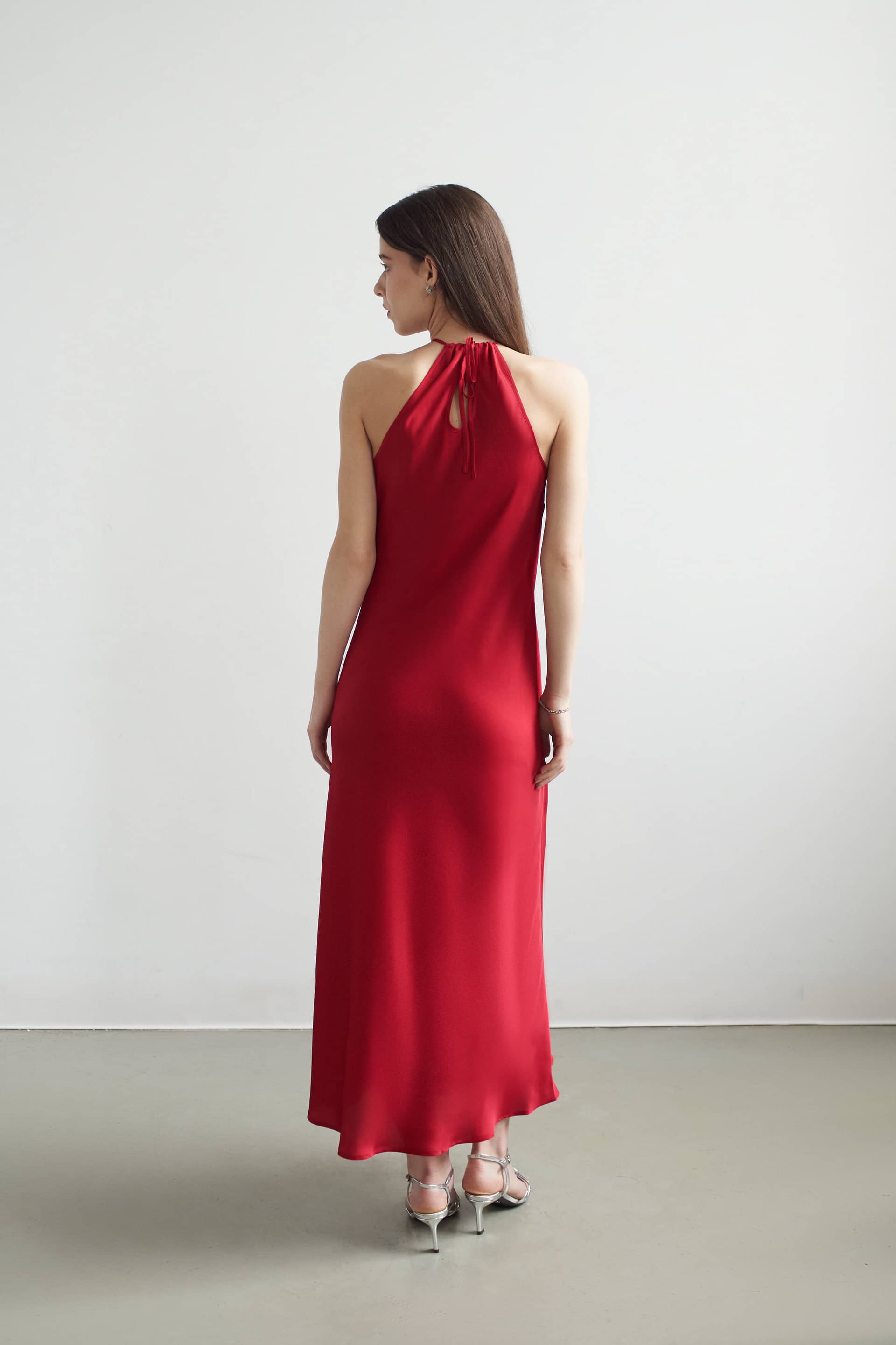 Belle Halter Neck Silky Dress With Crystallised Floral Corsage made by Vasiliki