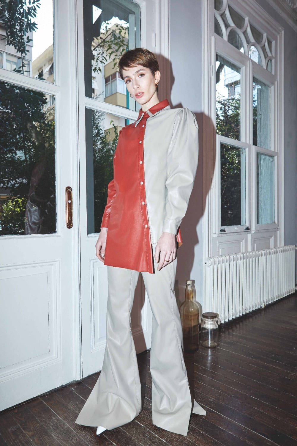 Mara Asymmetric Vegan Leather Shirt made by Nazli Ceren