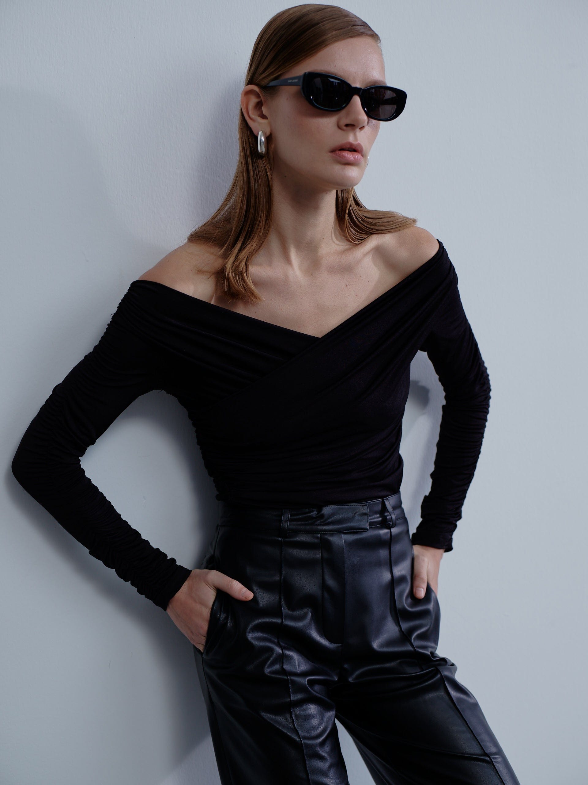 Monique Draped Jersey Blouse in Noire made by Nazli Ceren