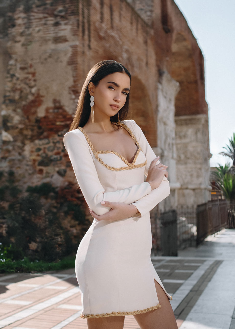 Gold thread-embroidered crepe dress made by Monika Dimova