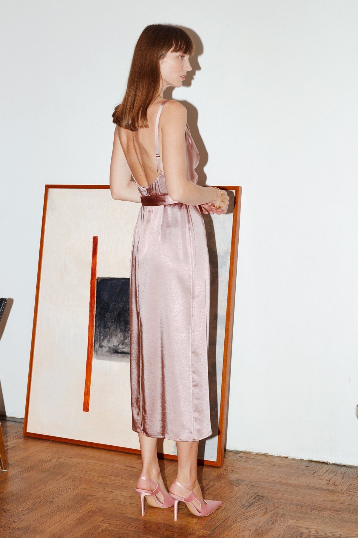 KAMEA nude satin backless midi dress made by UNDRESS