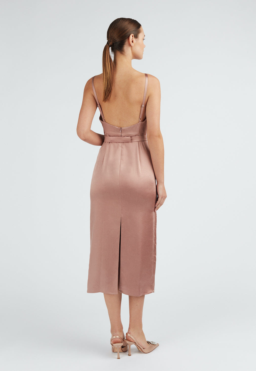KAMEA nude satin backless midi dress made by UNDRESS