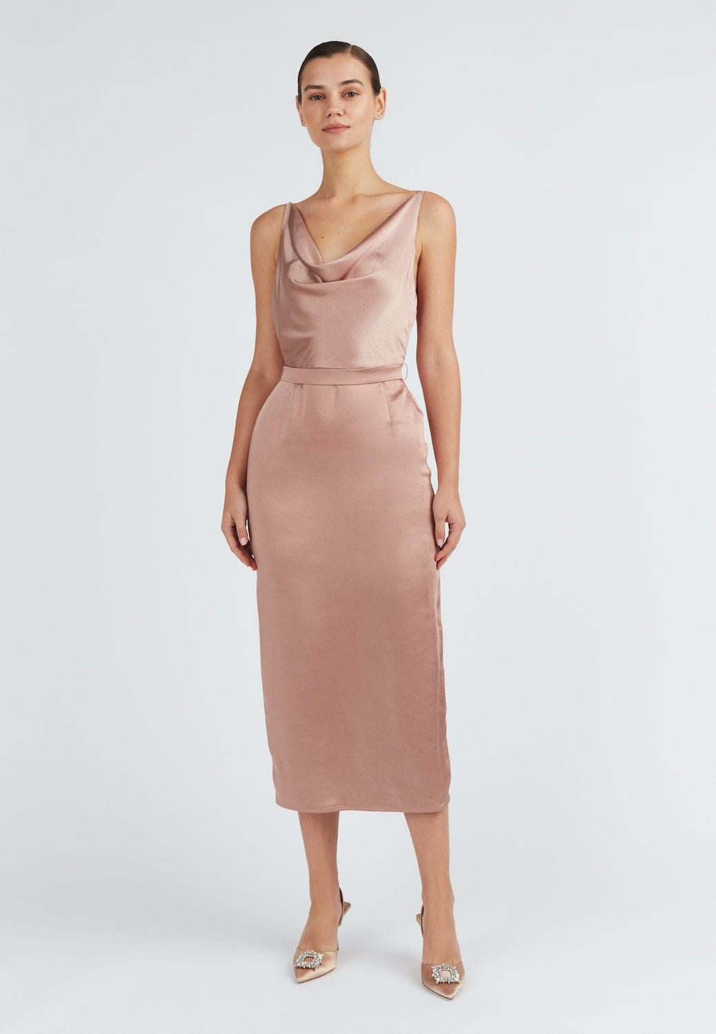 KAMEA nude satin backless midi dress made by UNDRESS