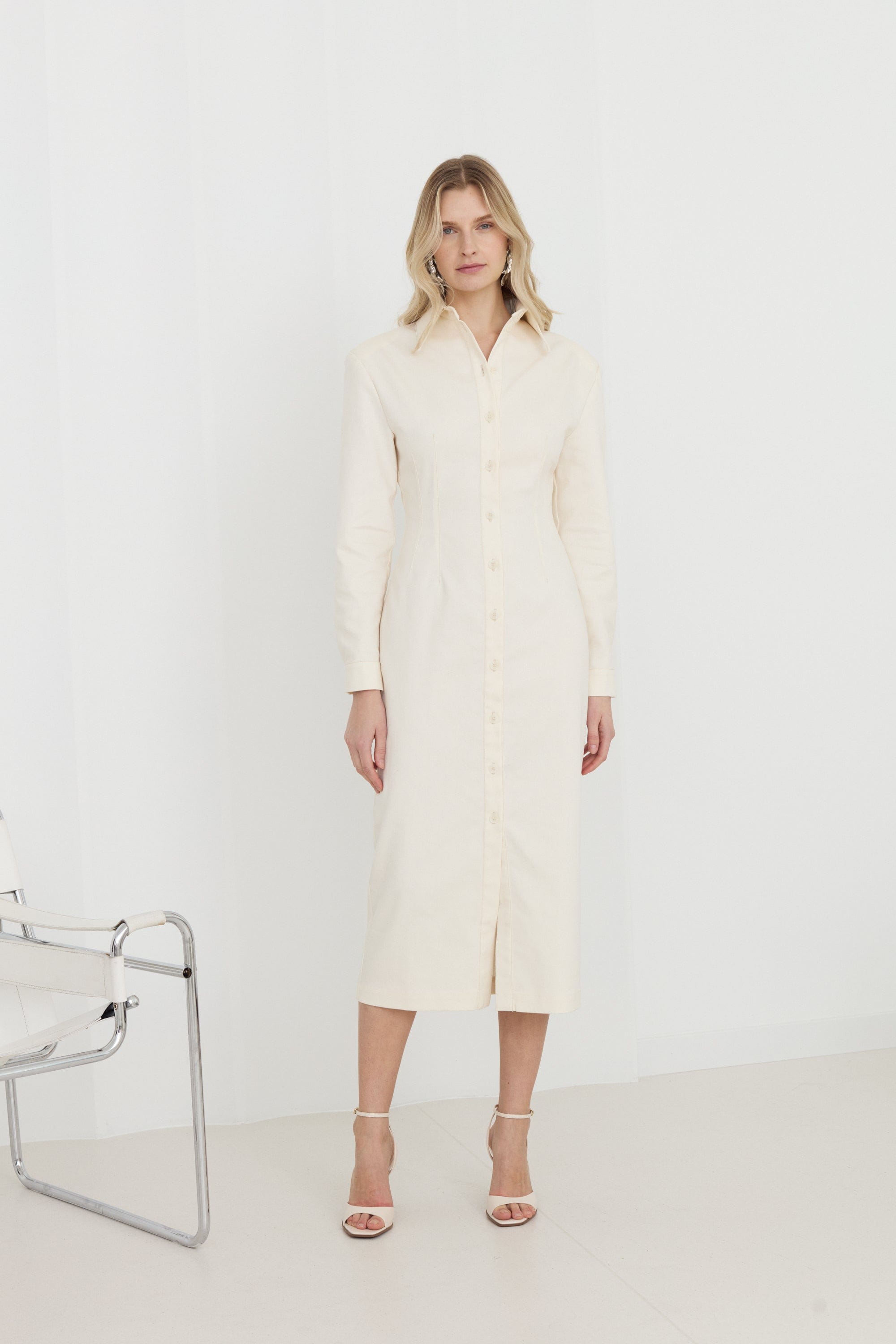 EDITH White Denim Fitted Midi Shirt Dress made by UNDRESS
