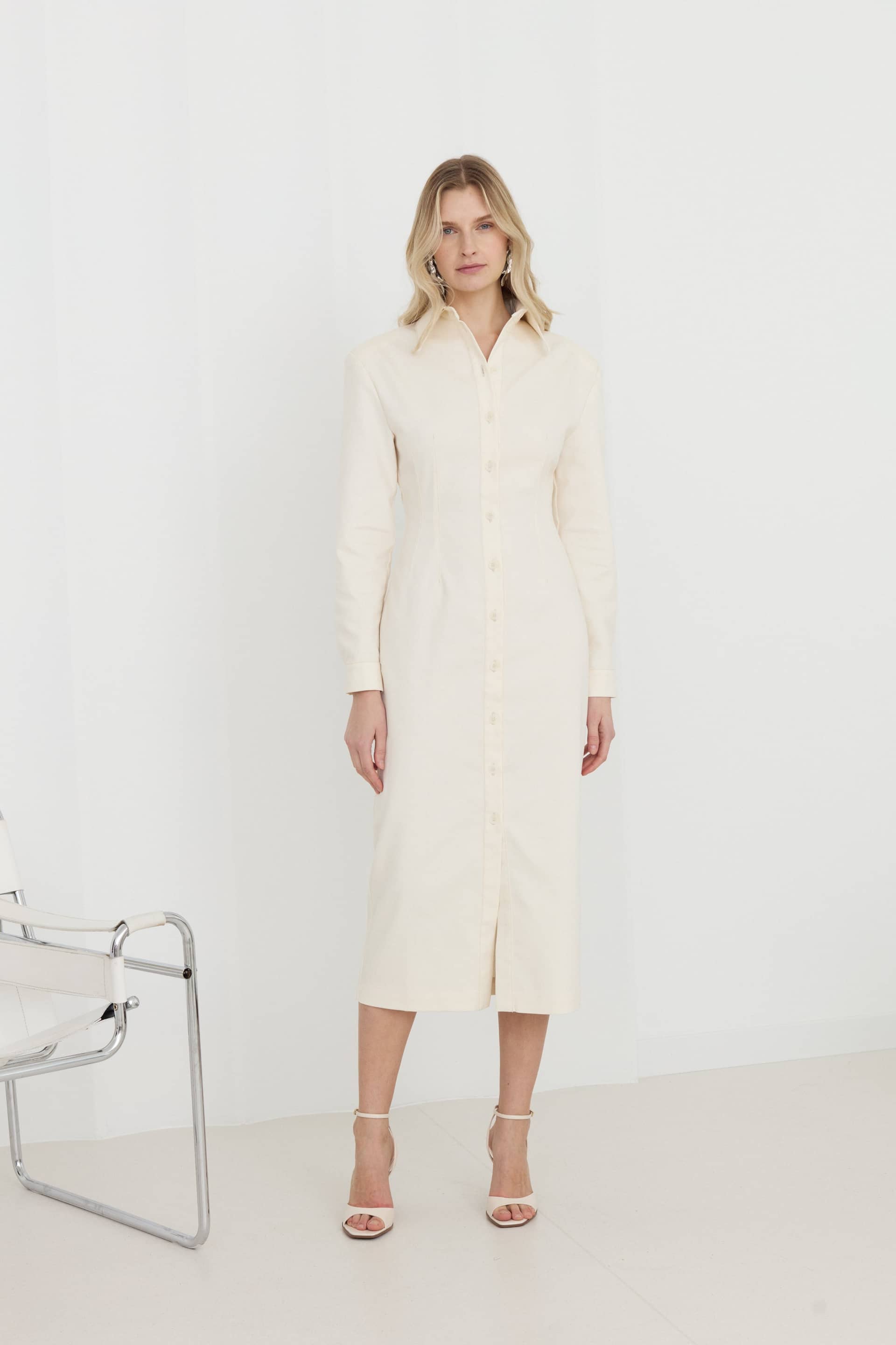 EDITH White Denim Fitted Midi Shirt Dress made by UNDRESS