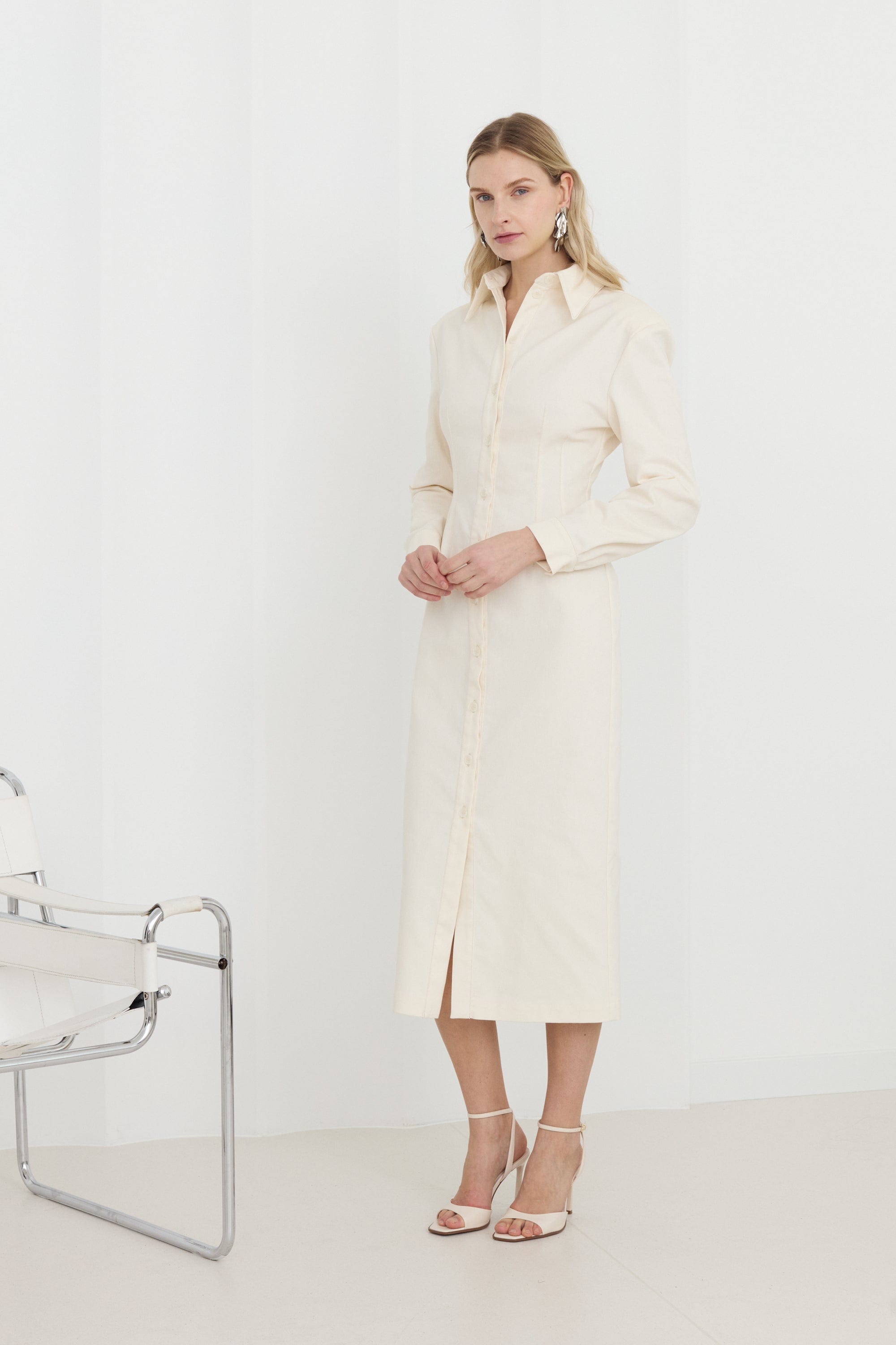EDITH White Denim Fitted Midi Shirt Dress made by UNDRESS