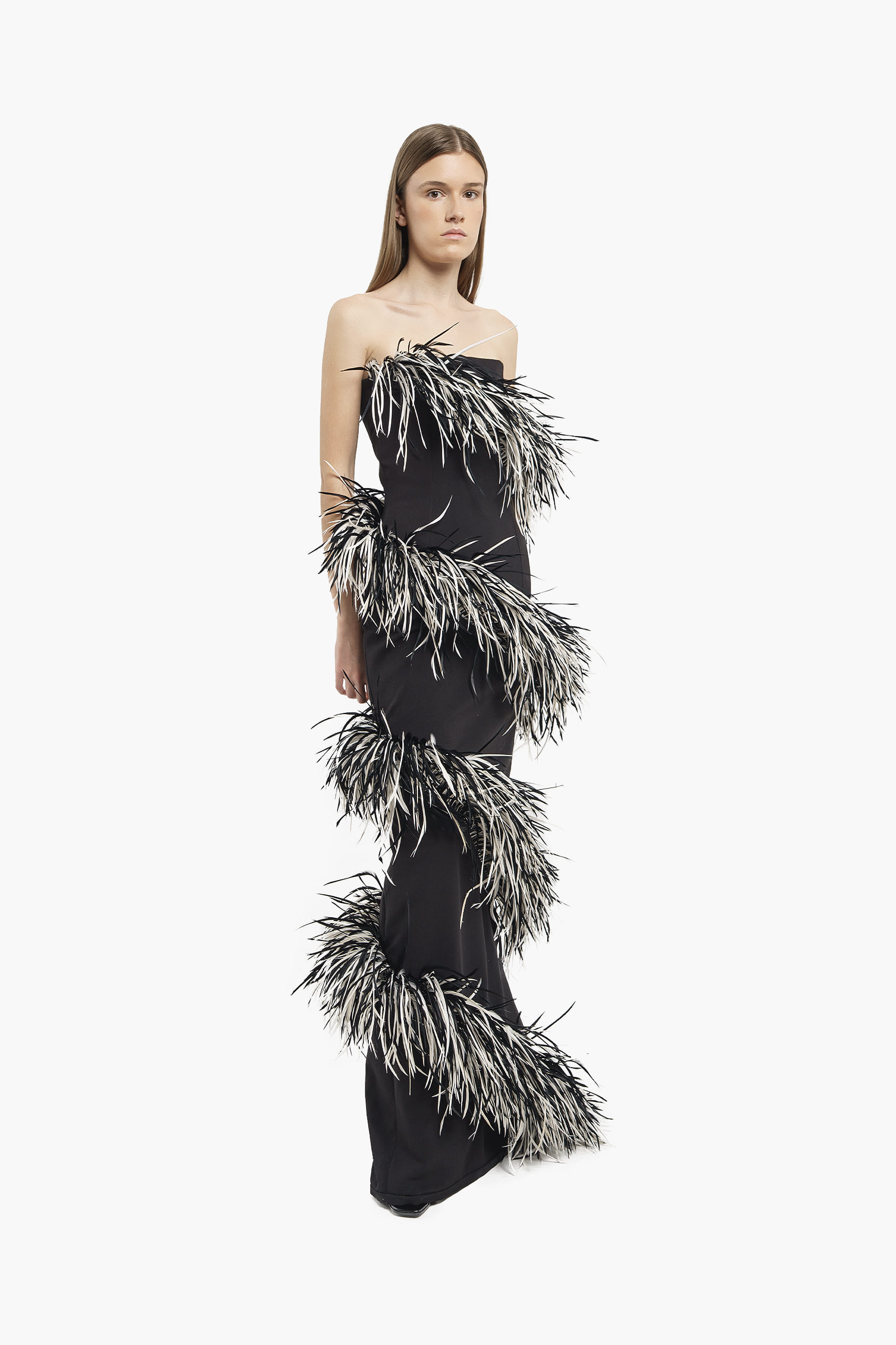 Black & White Spiral Feather Gown made by Compte Spain