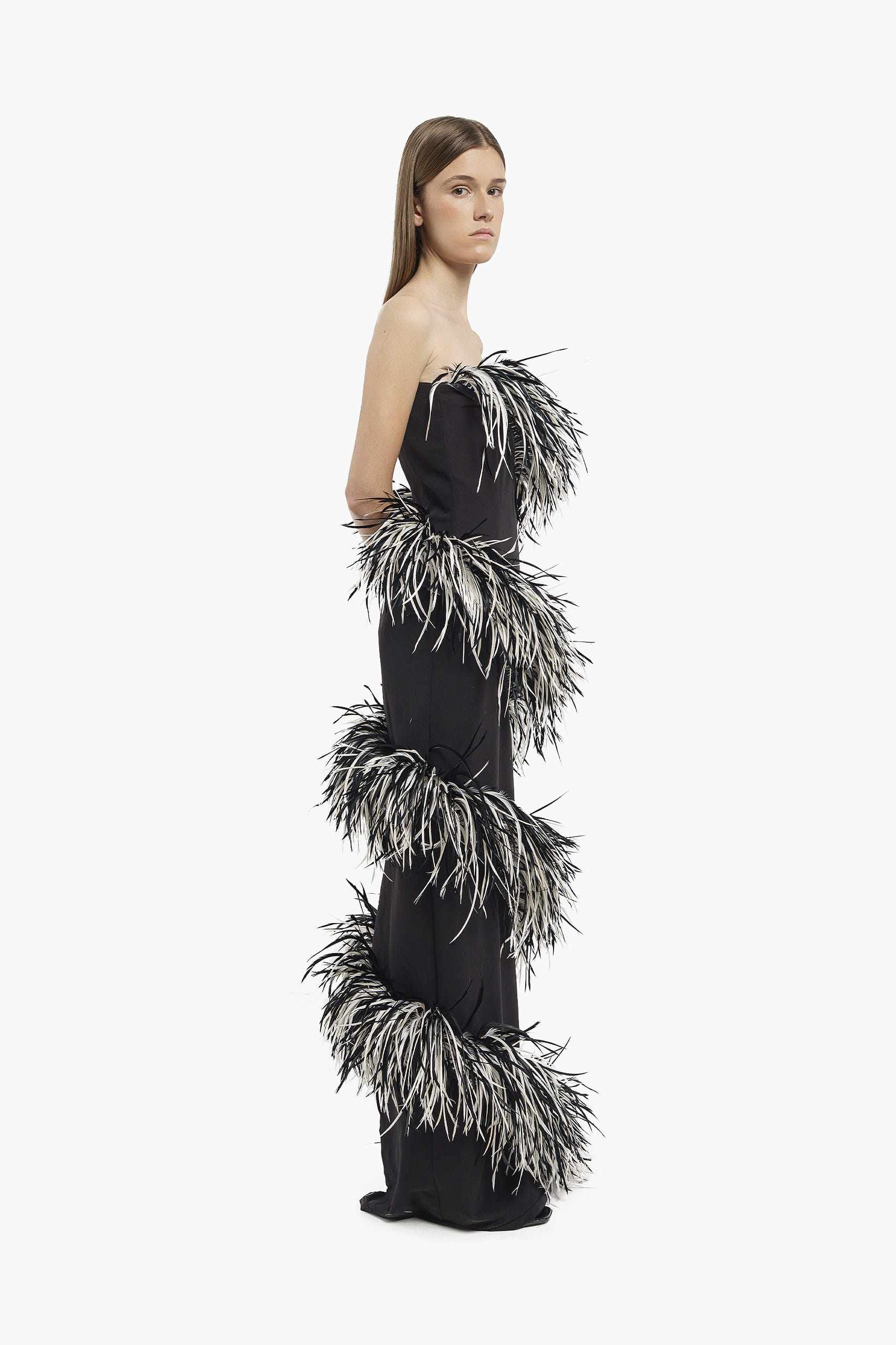 Black & White Spiral Feather Gown made by Compte Spain