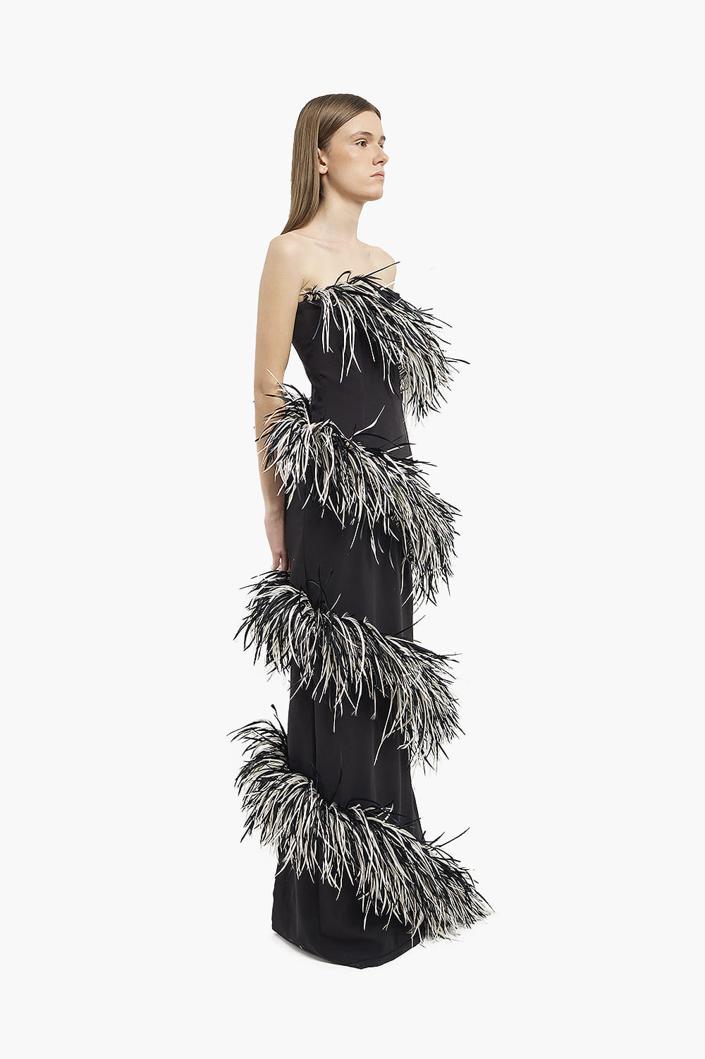 Black & White Spiral Feather Gown made by Compte Spain