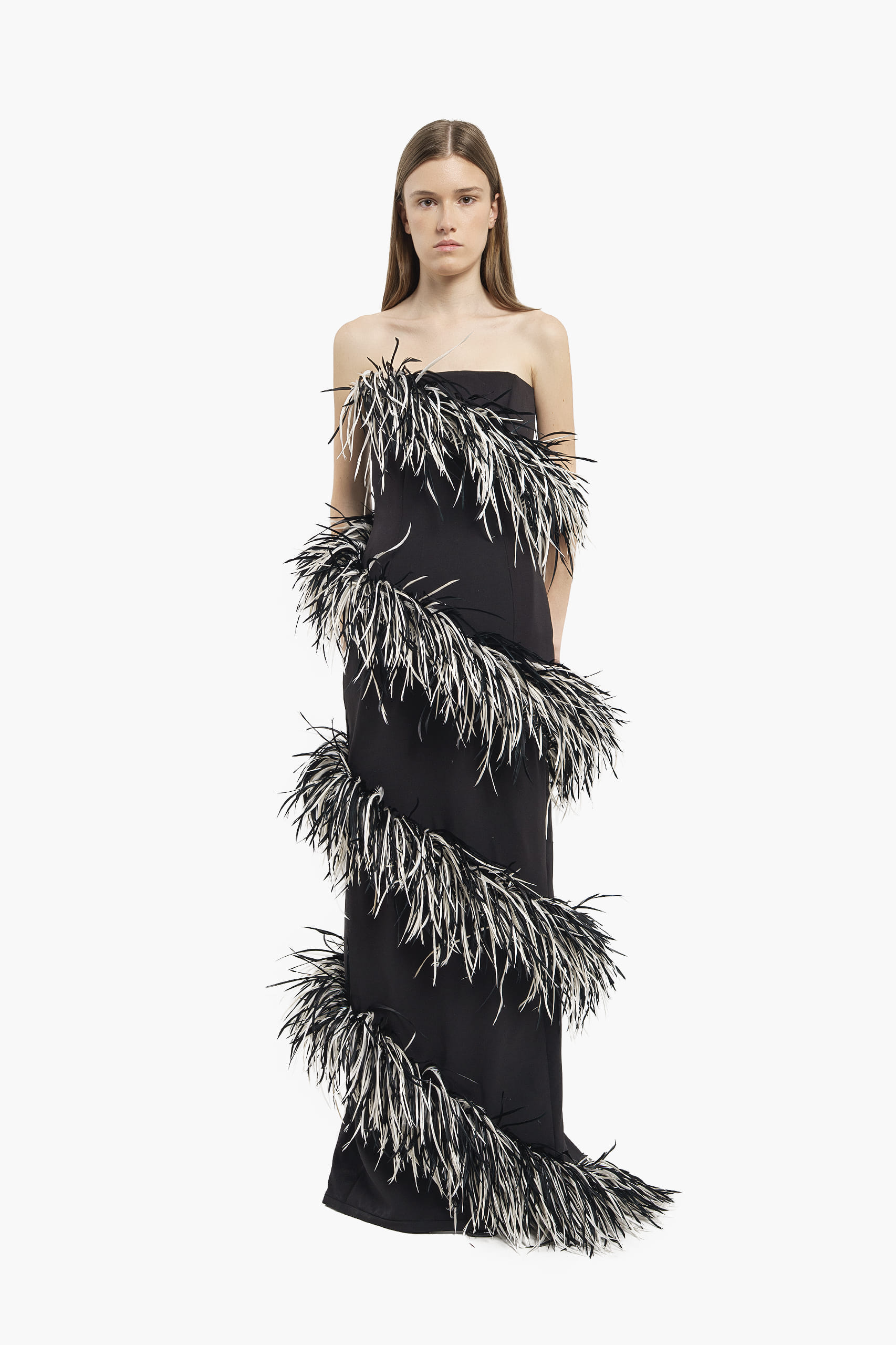 Black & White Spiral Feather Gown made by Compte Spain