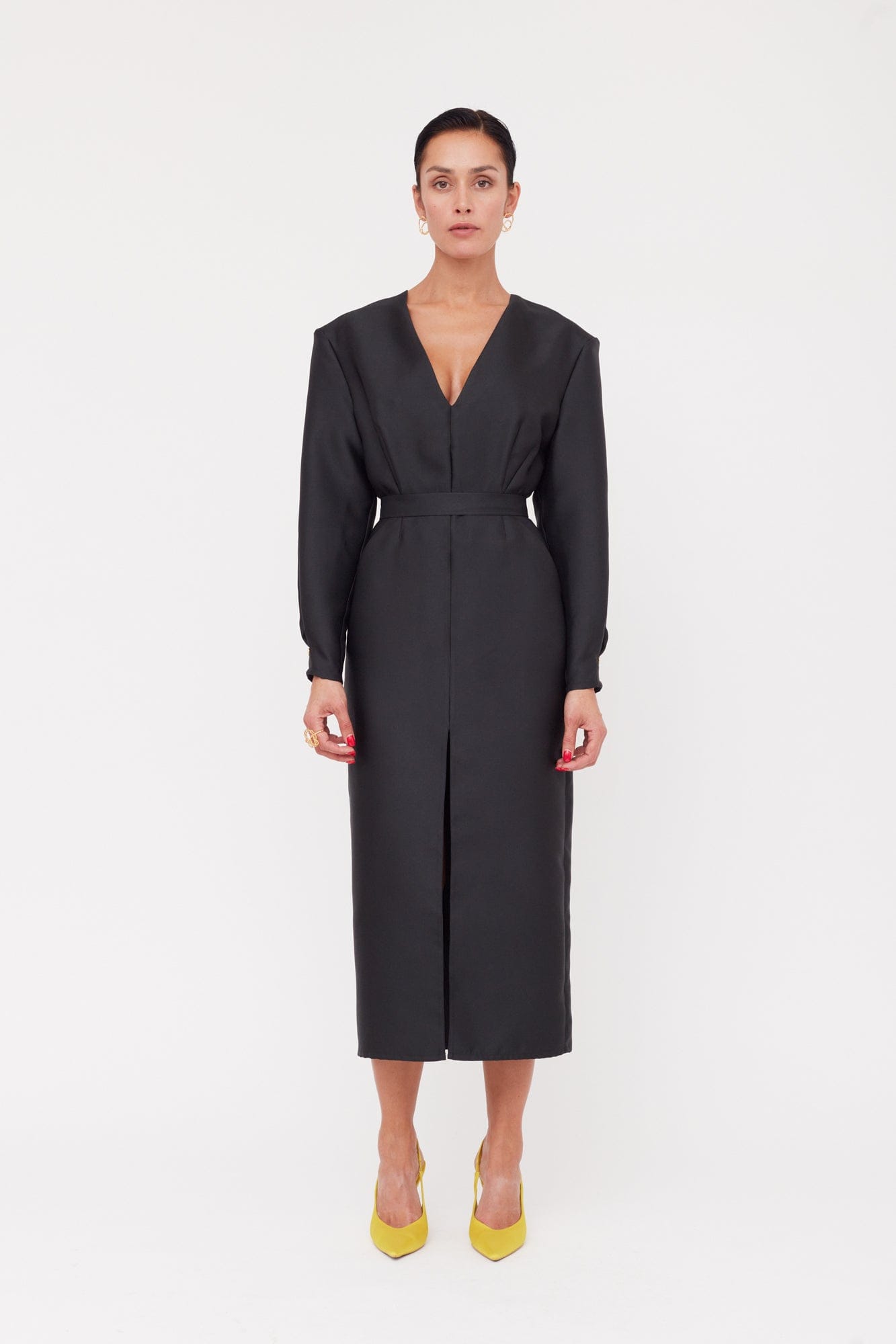 DEMA Black Shoulder Pad Midi Dress made by UNDRESS