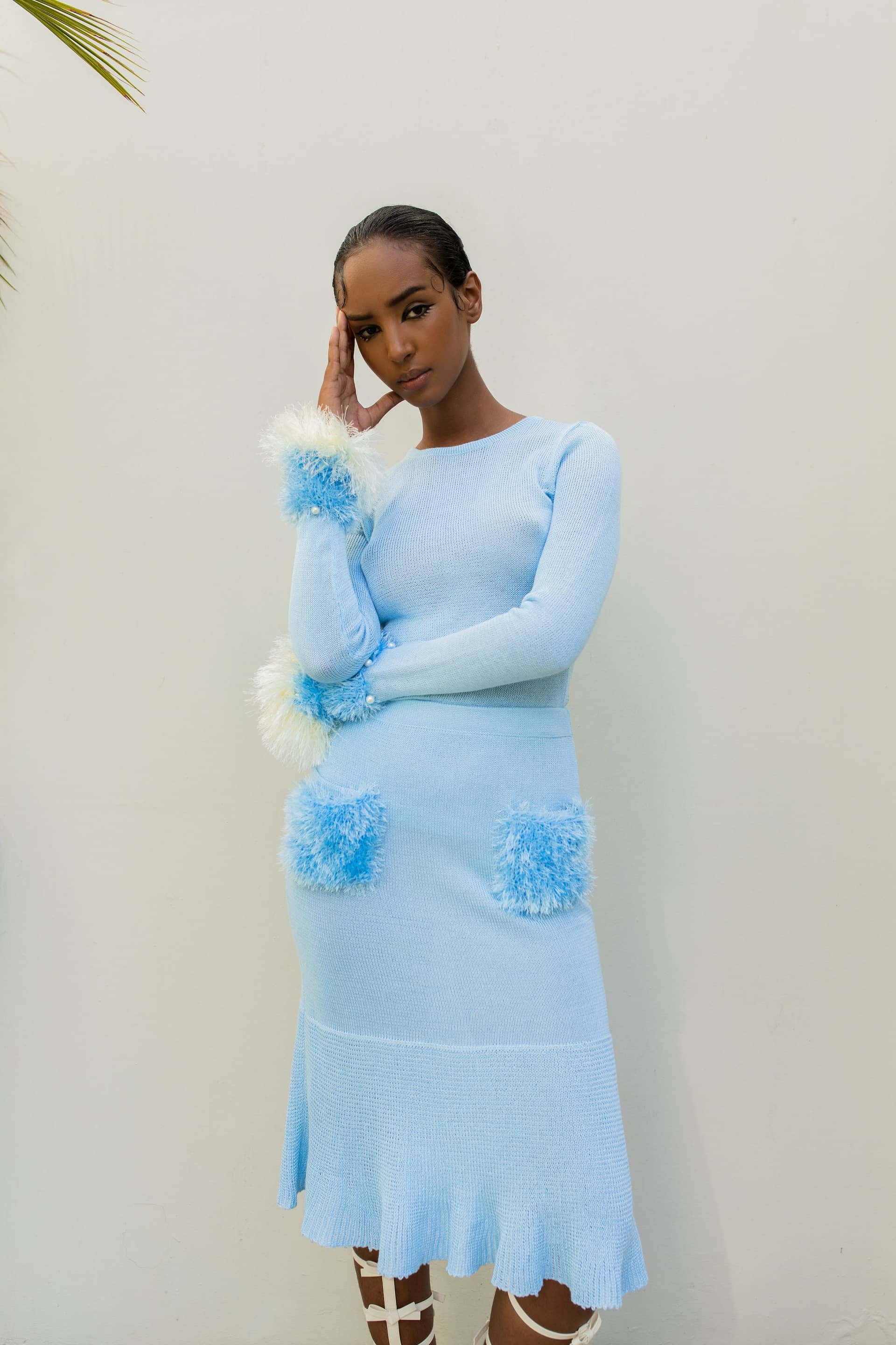 Baby Blue Knit Top With Handmade Knit Details made by ANDREEVA