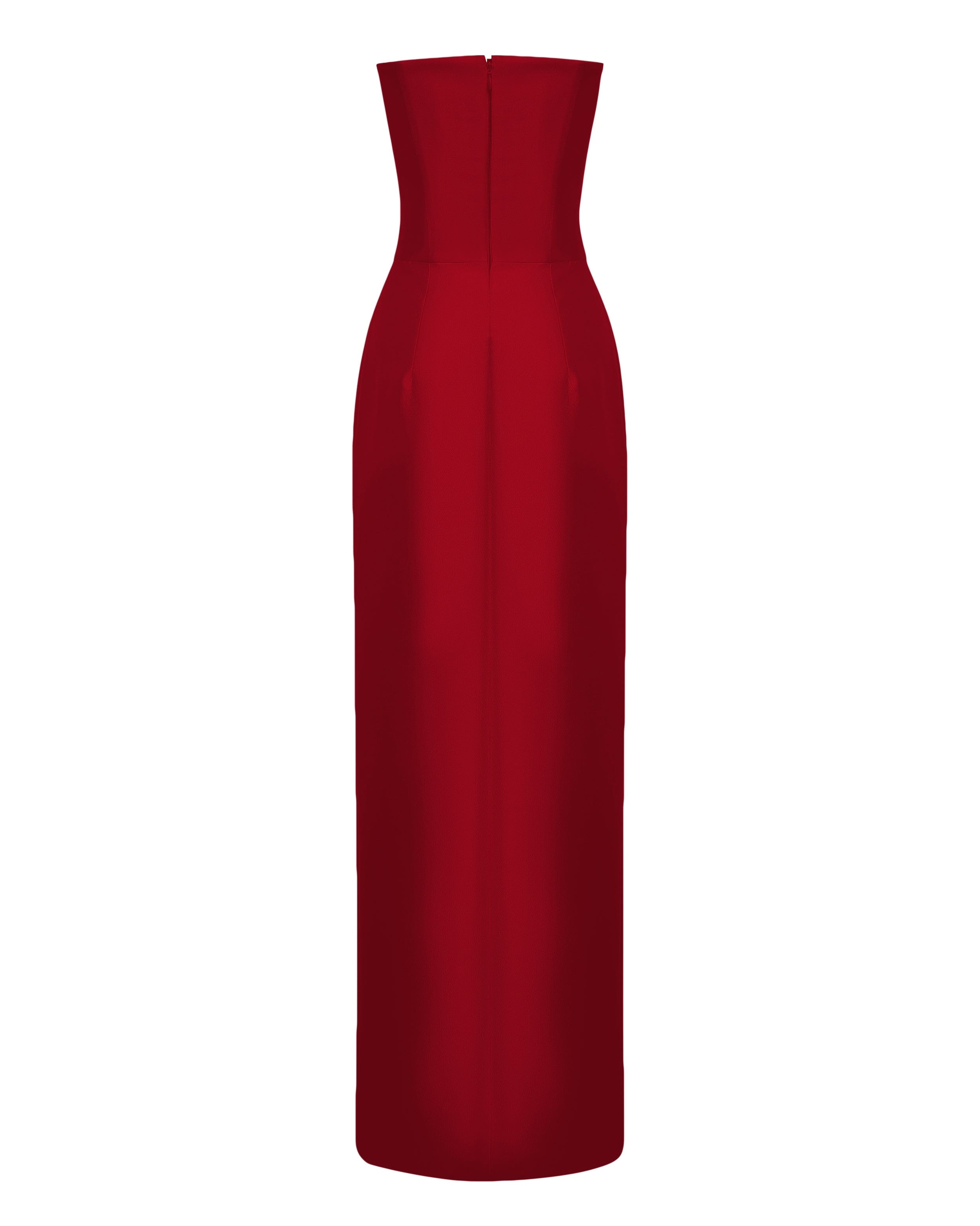 STRAPLESS EMBELLISED FRONT SLIT COLUMN DRESS in Red made by NDS The Label