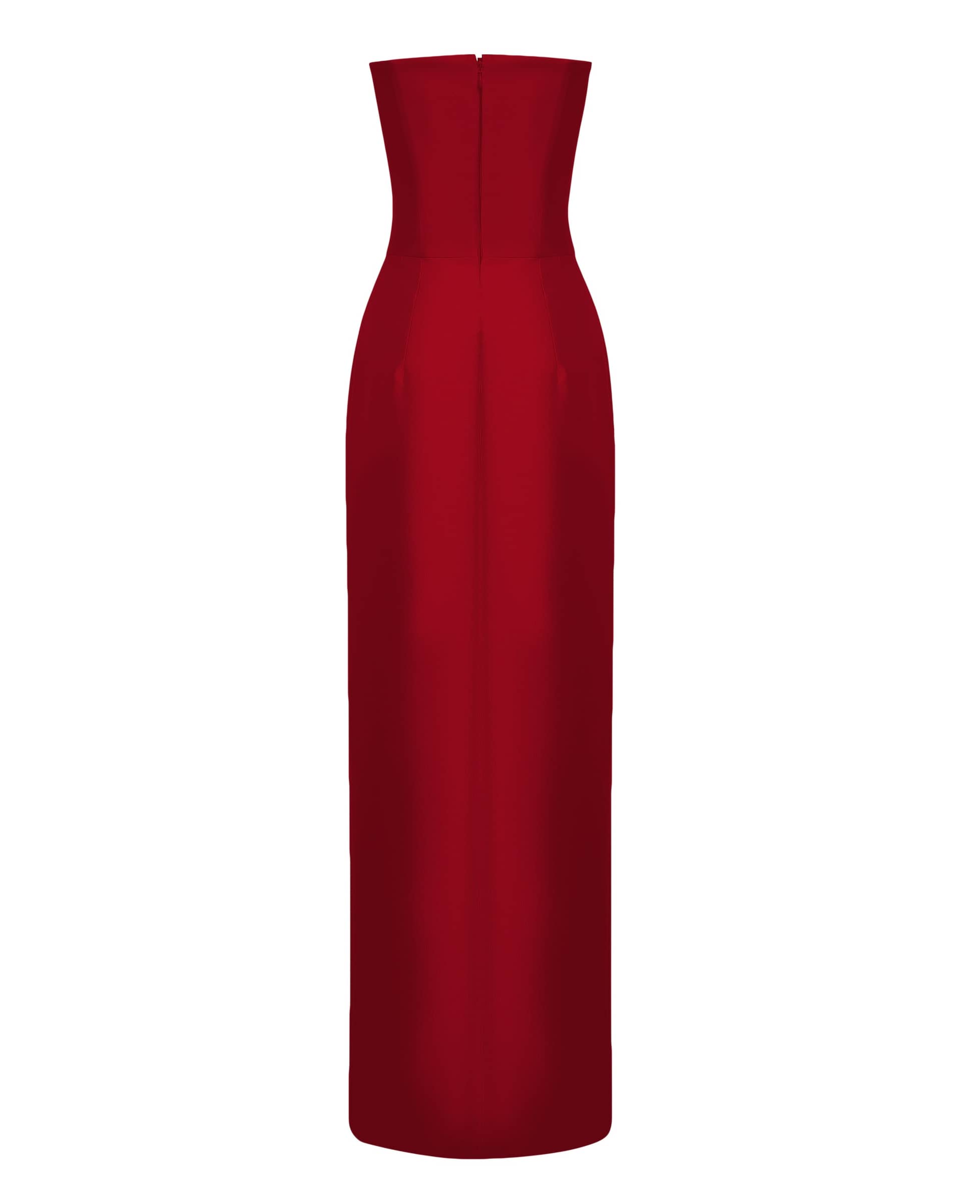 STRAPLESS EMBELLISED FRONT SLIT COLUMN DRESS in Red made by NDS The Label
