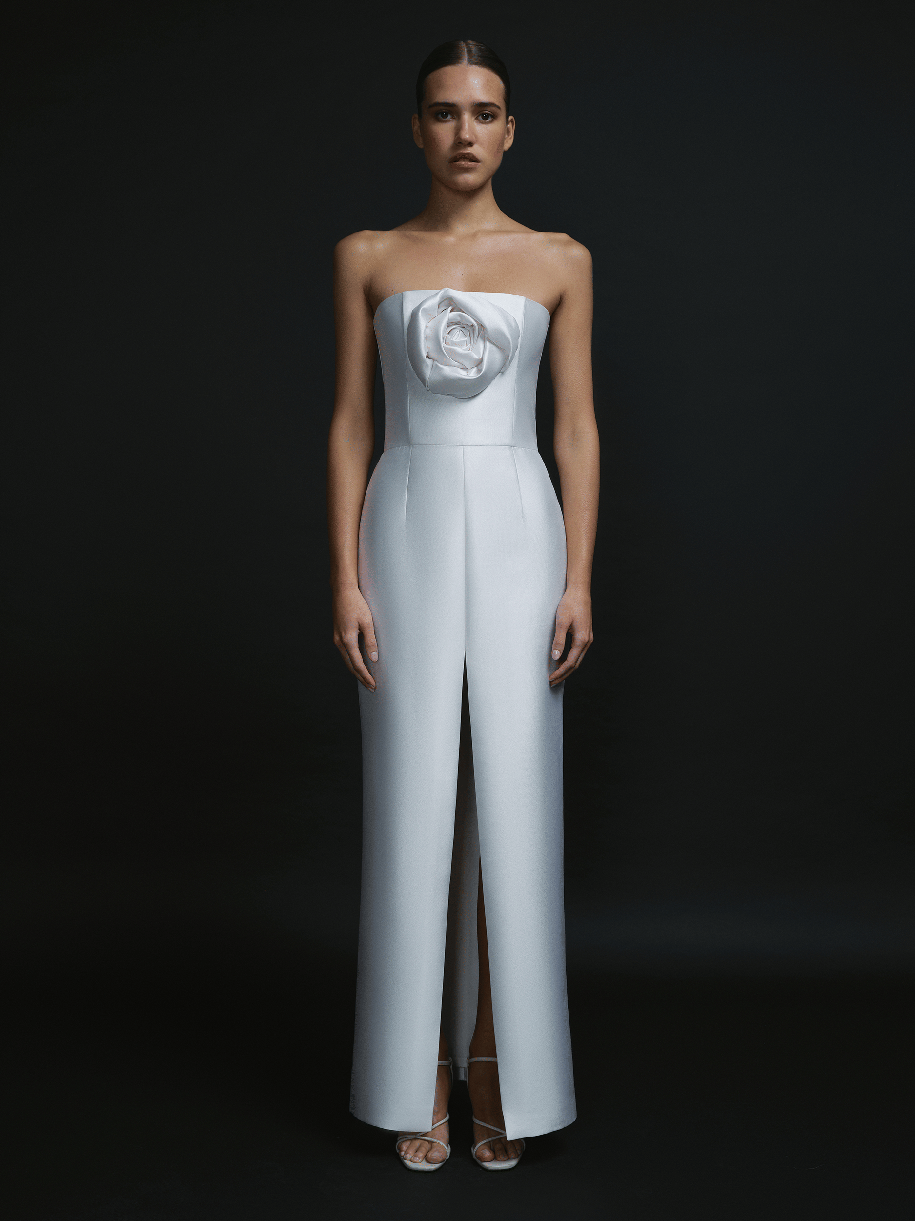 STRAPLESS EMBELLISED FRONT SLIT COLUMN DRESS in White made by NDS The Label