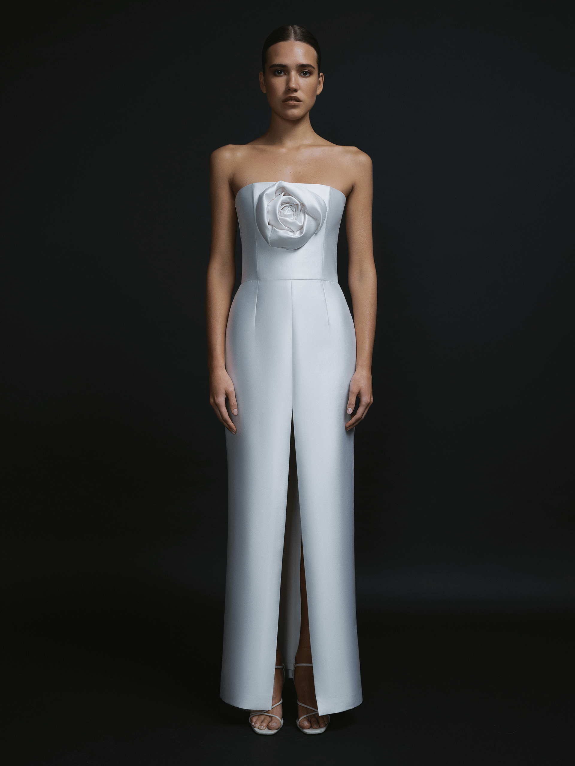 STRAPLESS EMBELLISED FRONT SLIT COLUMN DRESS in White made by NDS The Label