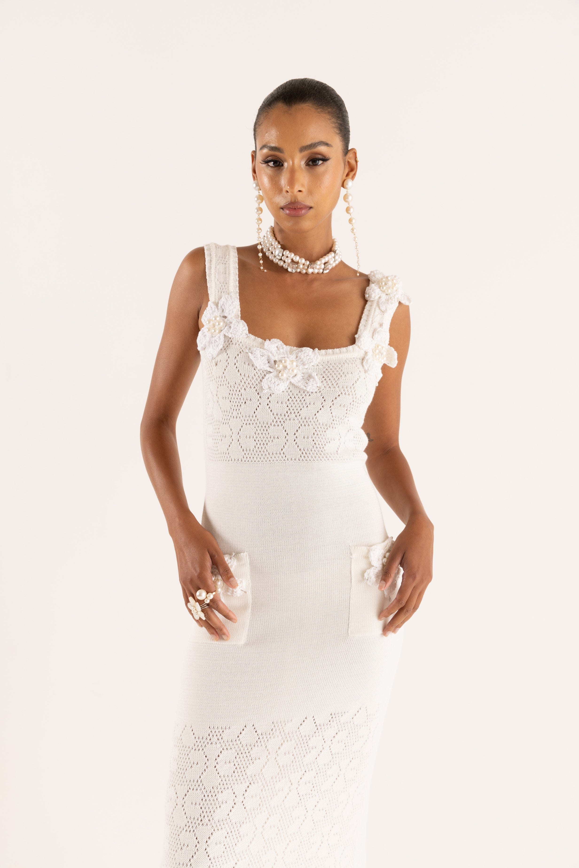 White Vanilla Knit Dress With Handmade Embroidery made by ANDREEVA