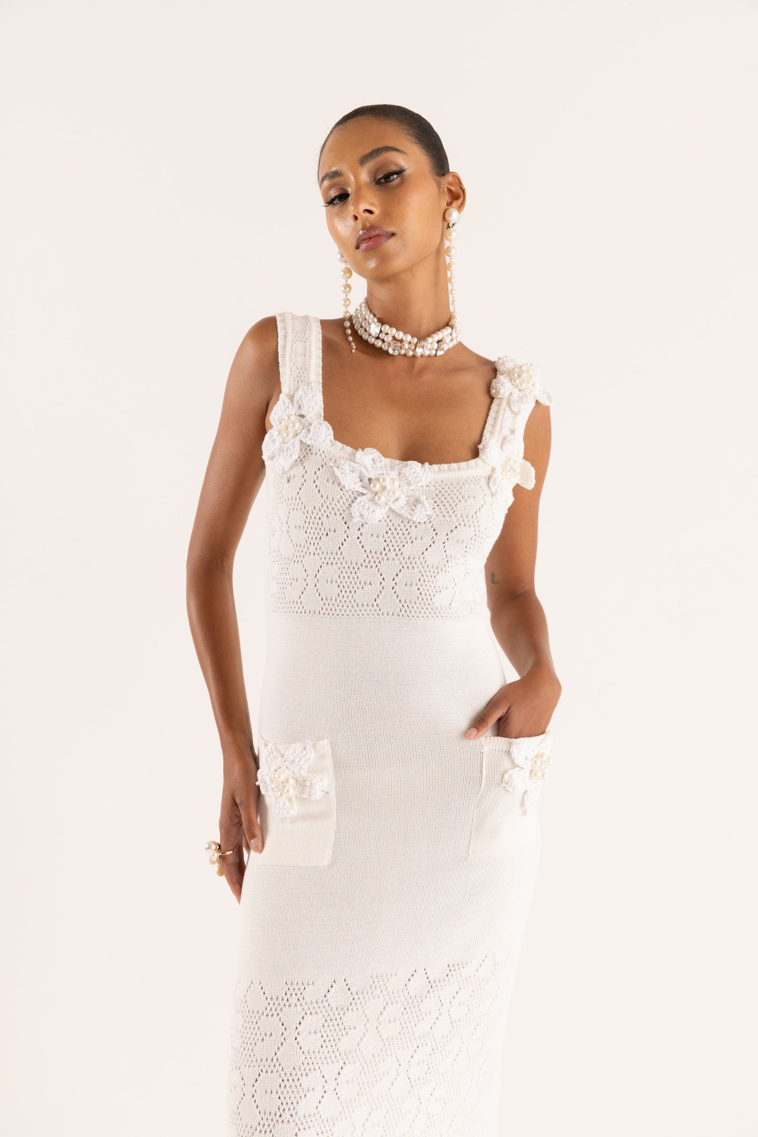 White Vanilla Knit Dress With Handmade Embroidery made by ANDREEVA