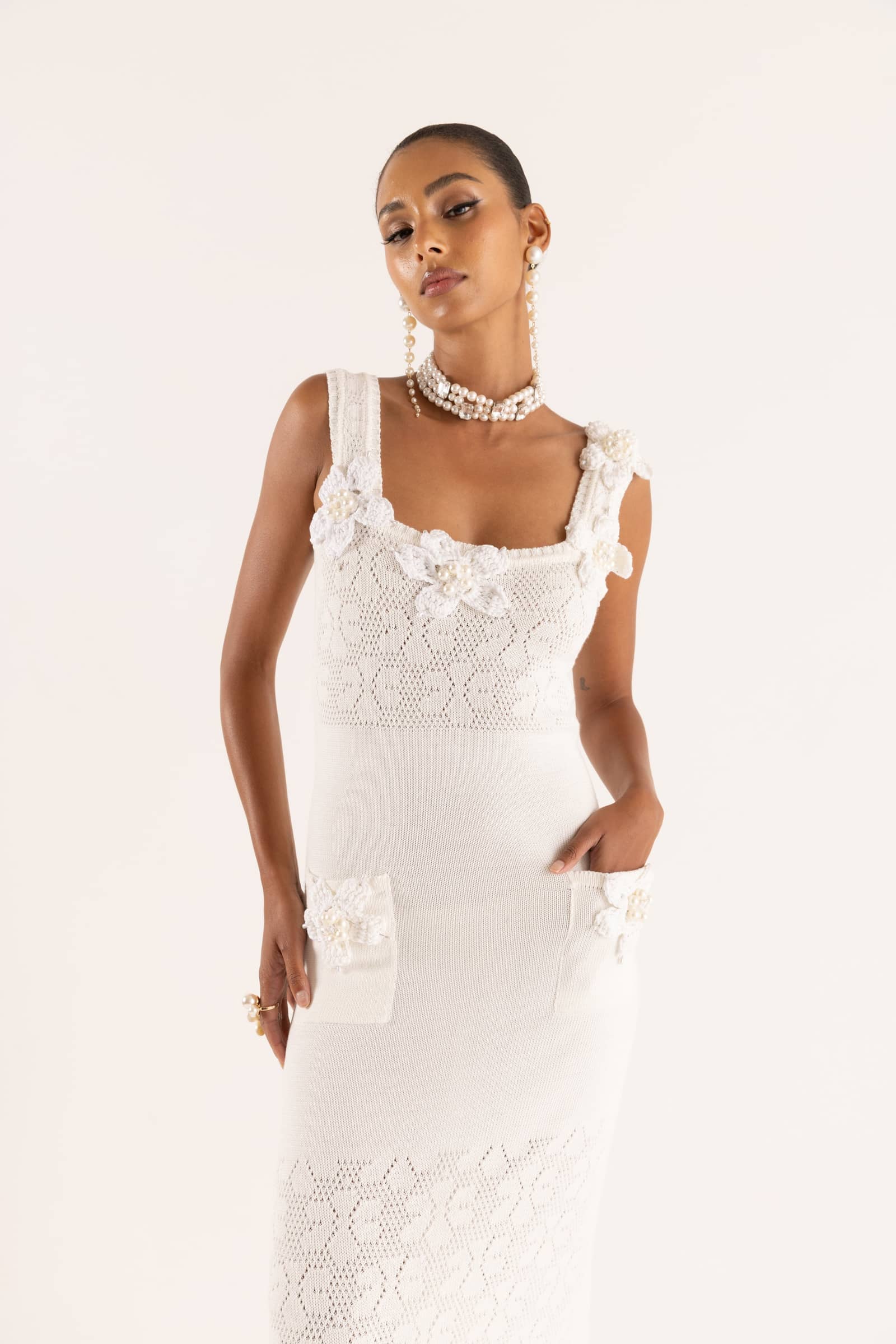 White Vanilla Knit Dress With Handmade Embroidery made by ANDREEVA