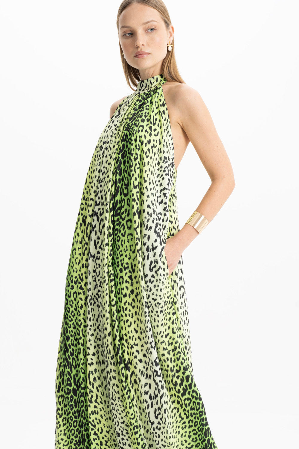 Pam Satin Green Leopard Halter Maxi Dress made by Lora Istanbul
