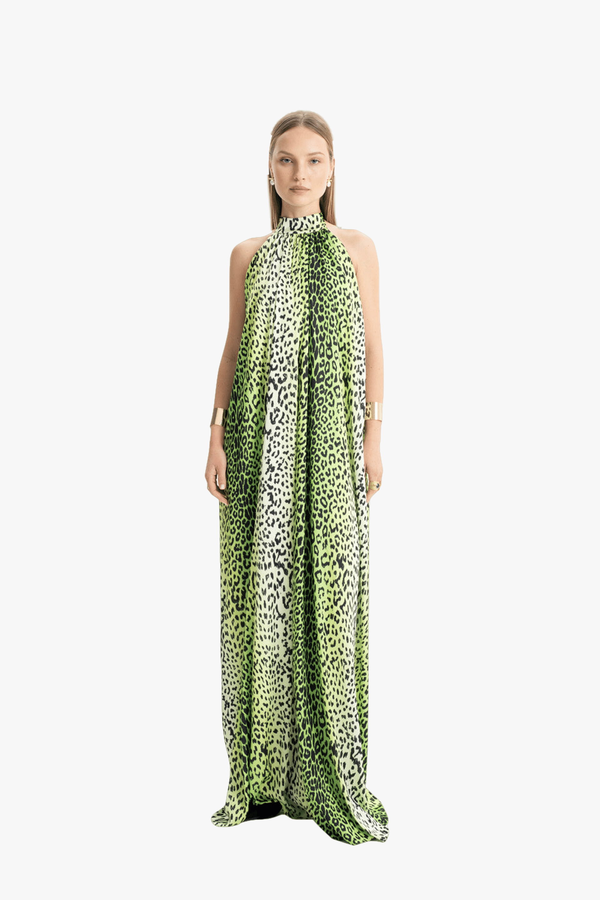 Pam Satin Green Leopard Halter Maxi Dress made by Lora Istanbul