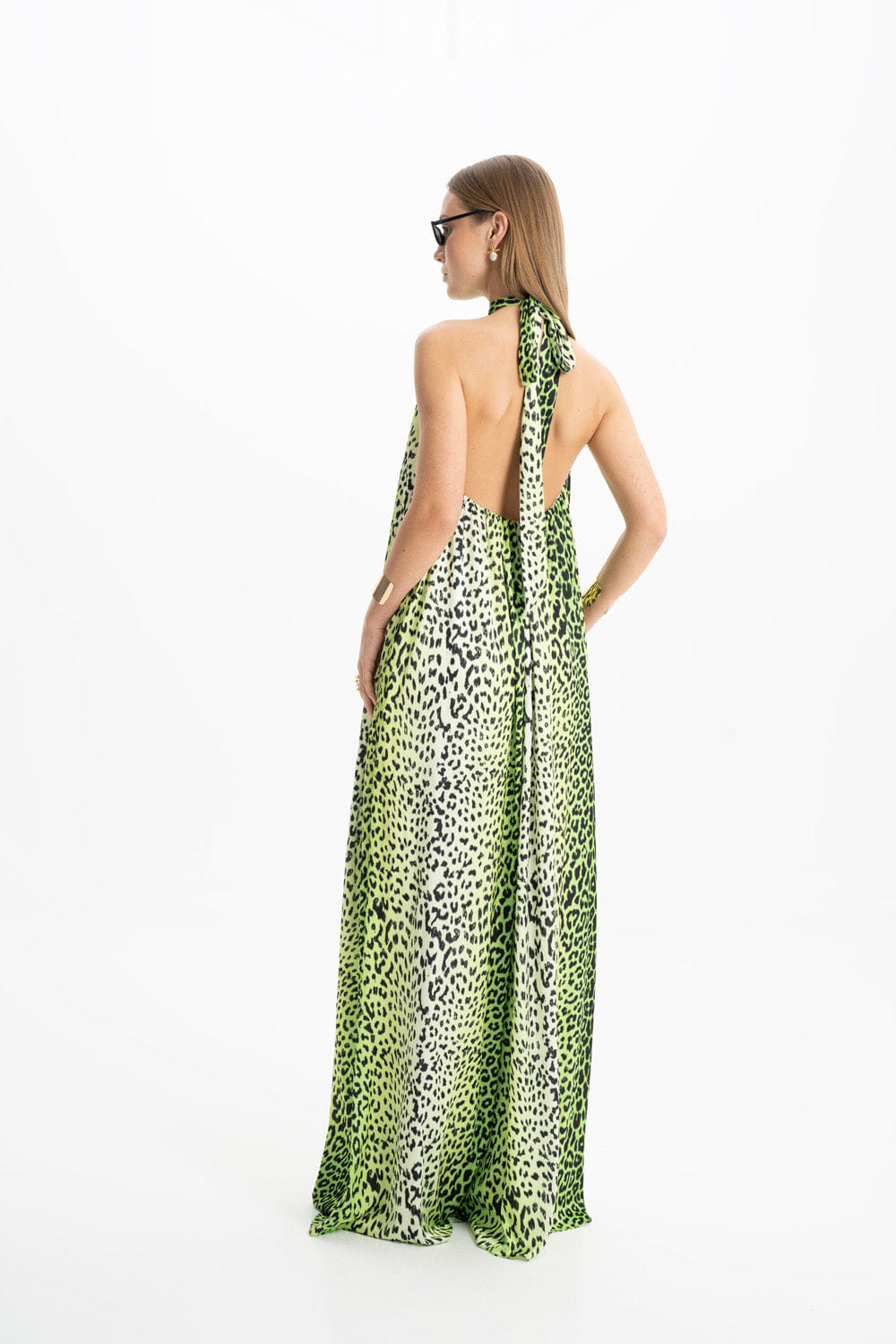 Pam Satin Green Leopard Halter Maxi Dress made by Lora Istanbul