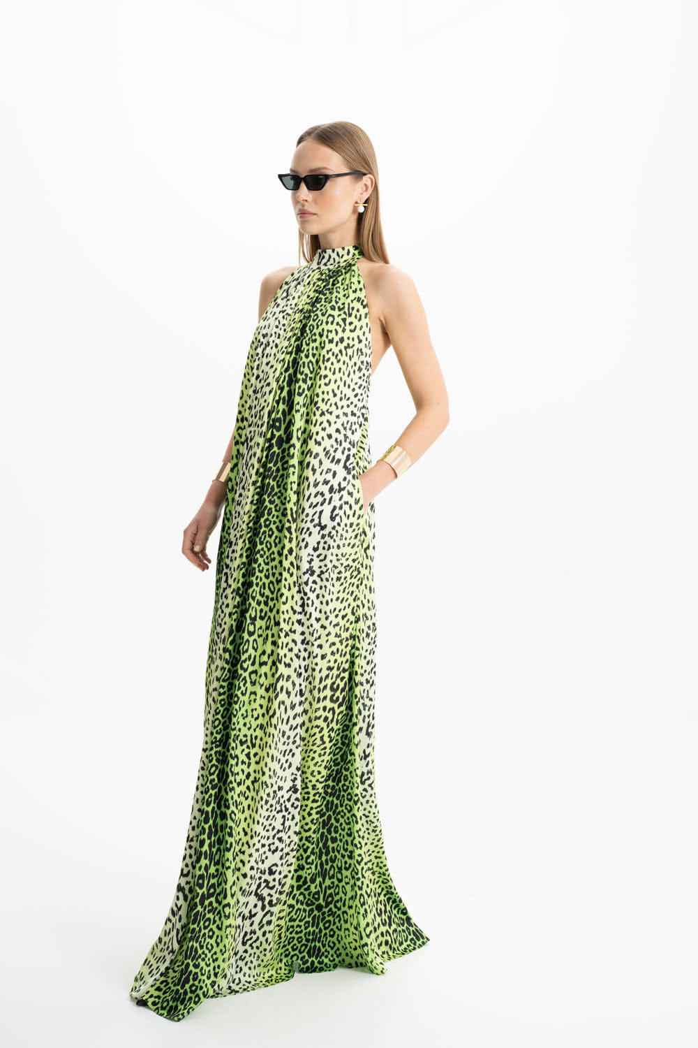 Pam Satin Green Leopard Halter Maxi Dress made by Lora Istanbul