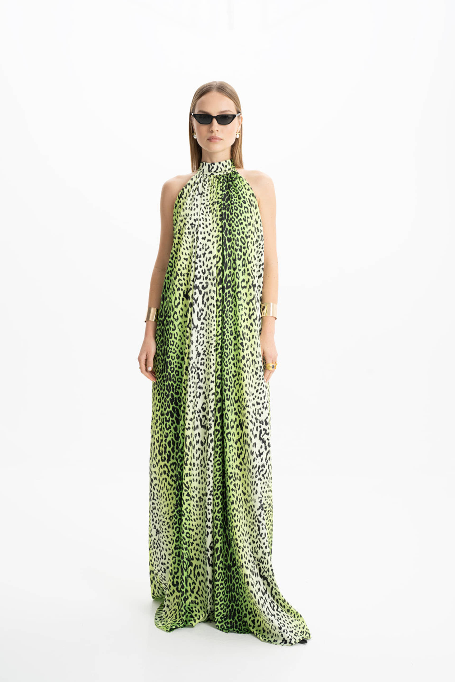 Pam Satin Green Leopard Halter Maxi Dress made by Lora Istanbul