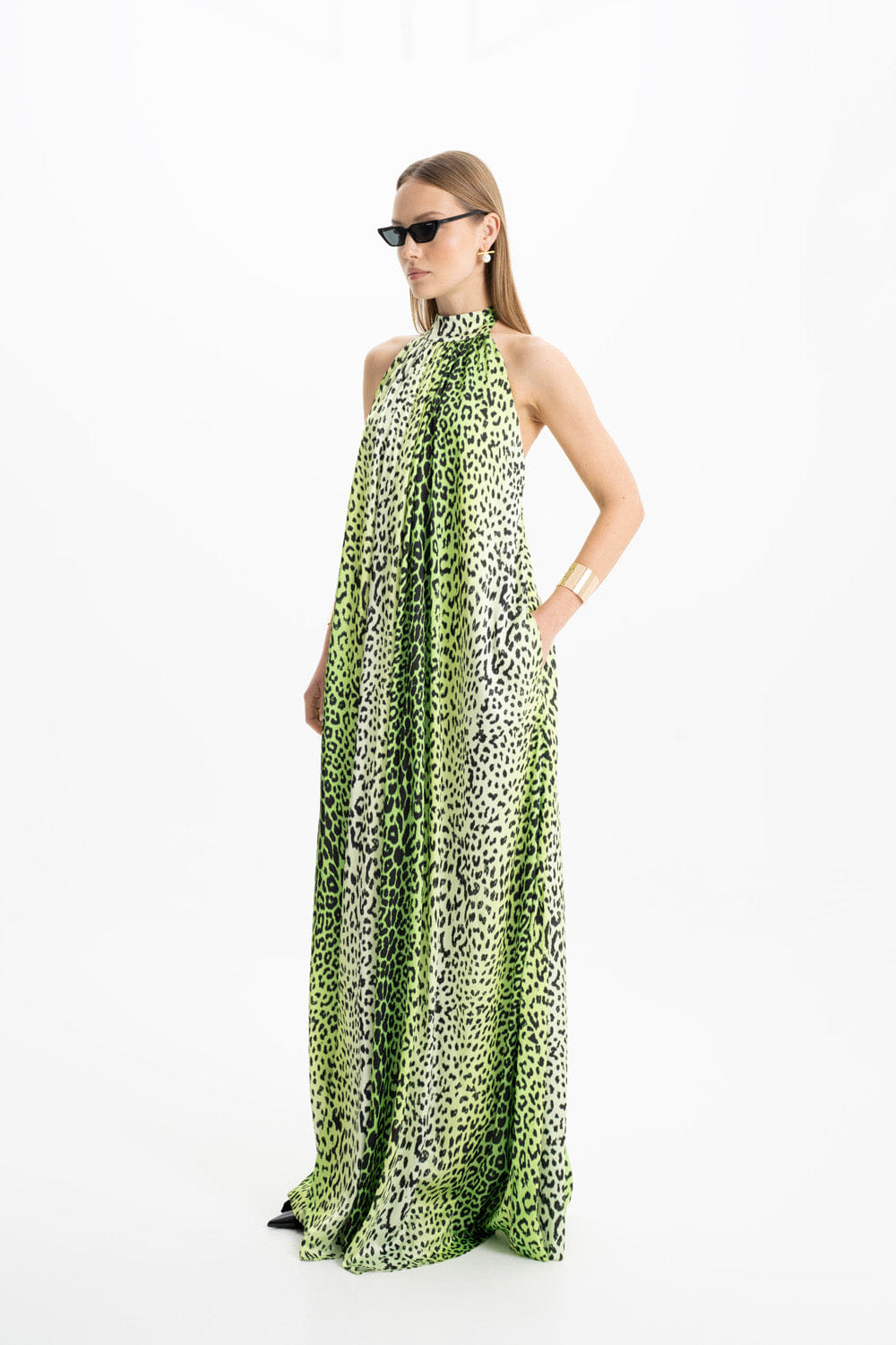Pam Satin Green Leopard Halter Maxi Dress made by Lora Istanbul