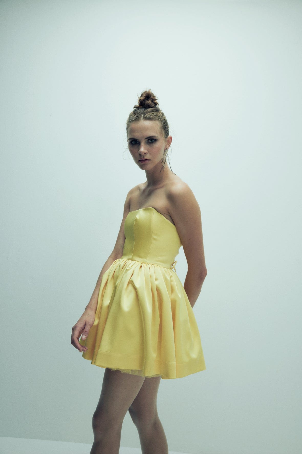 Sibby Strapless Satin Mini Dress in Marigold made by Nazli Ceren
