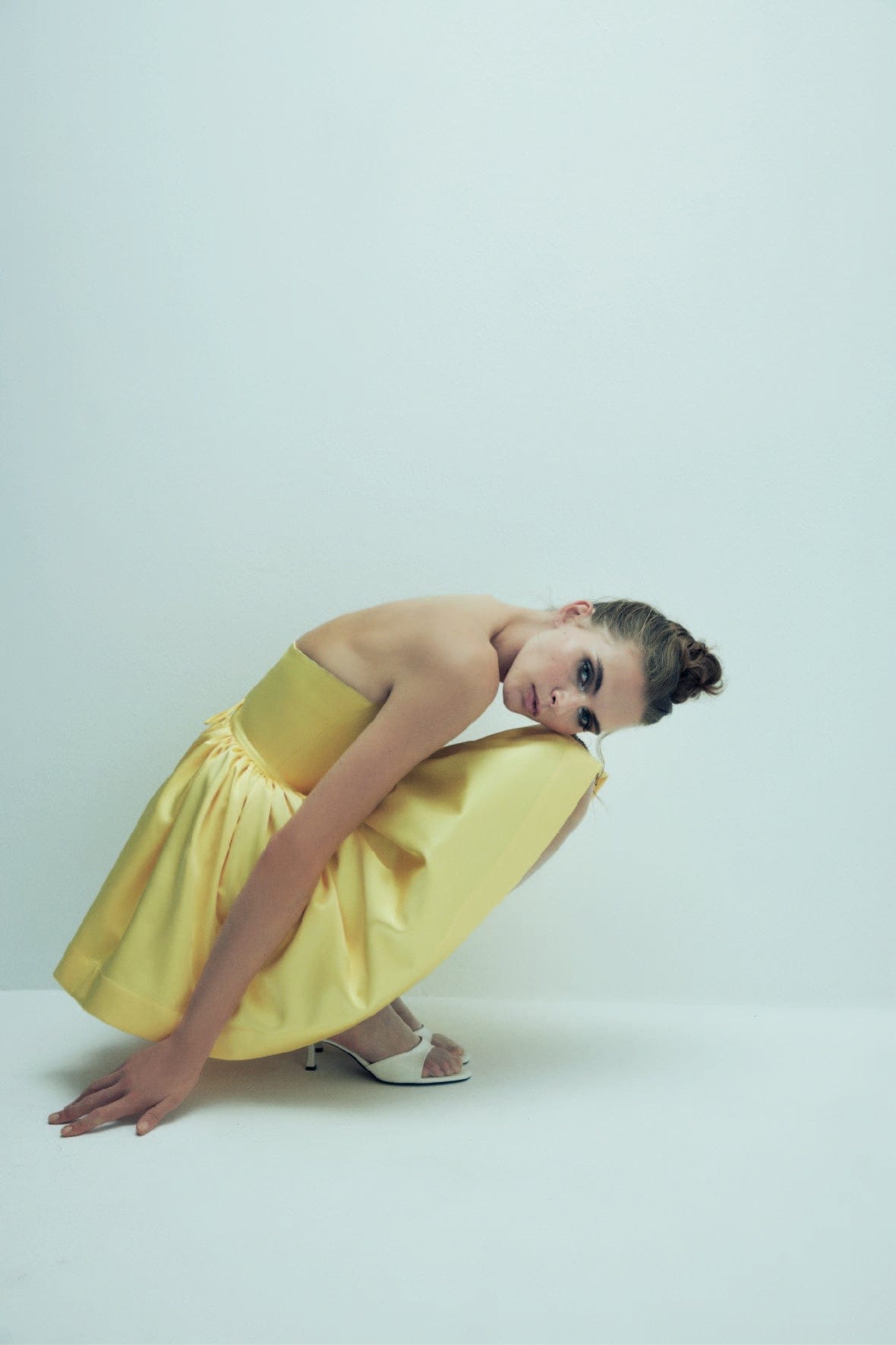 Sibby Strapless Satin Mini Dress in Marigold made by Nazli Ceren