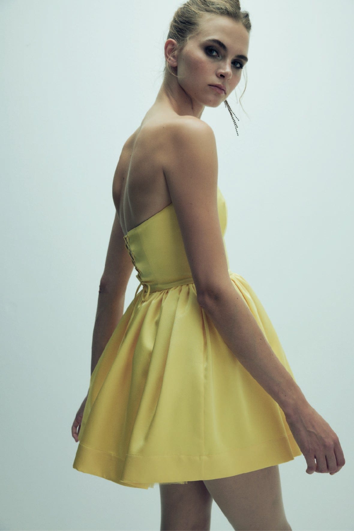 Sibby Strapless Satin Mini Dress in Marigold made by Nazli Ceren