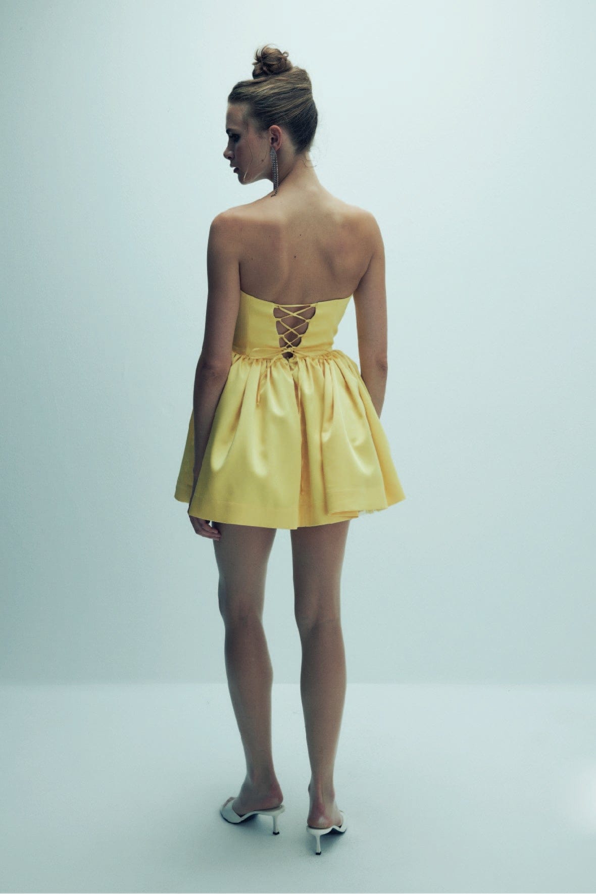 Sibby Strapless Satin Mini Dress in Marigold made by Nazli Ceren