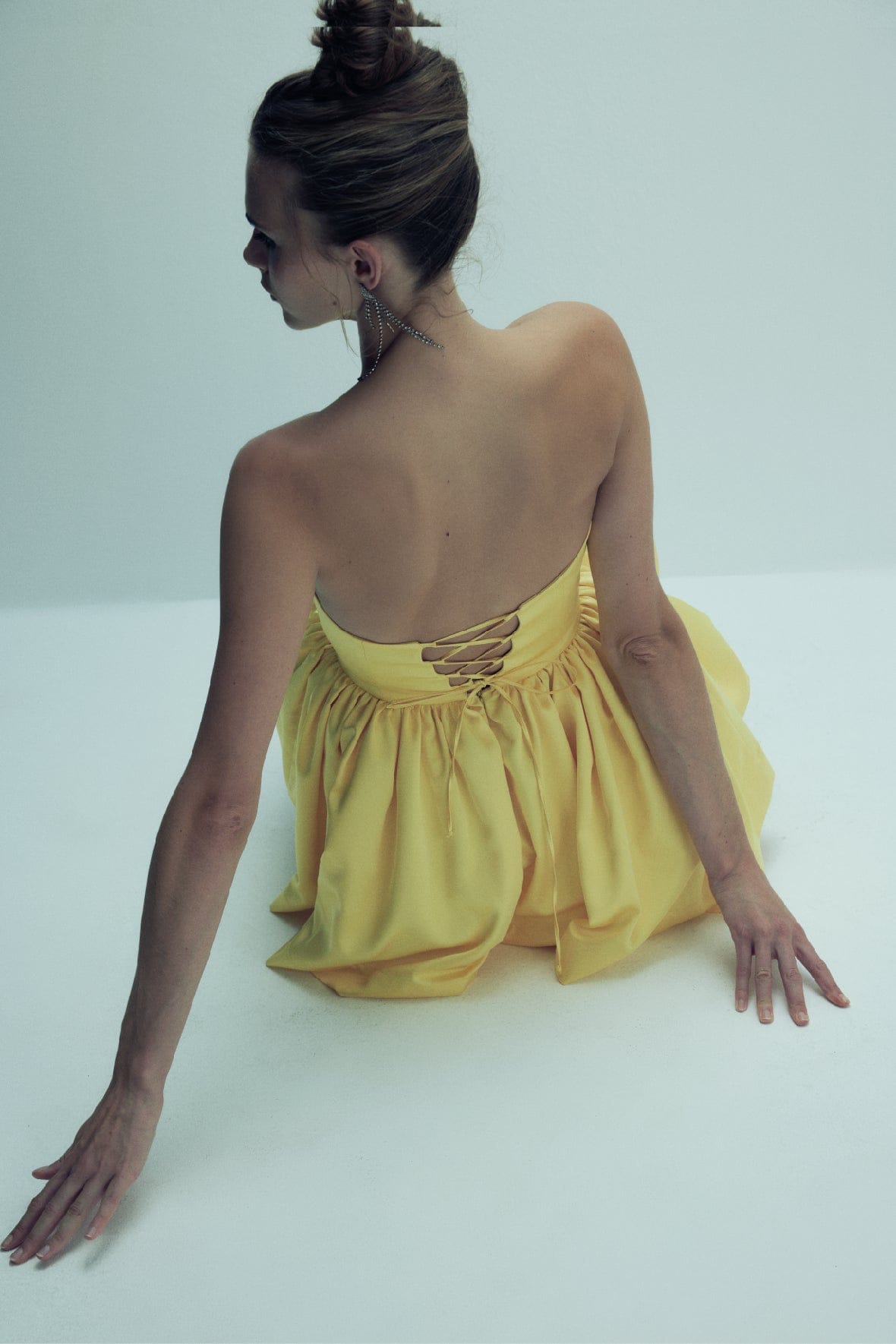 Sibby Strapless Satin Mini Dress in Marigold made by Nazli Ceren