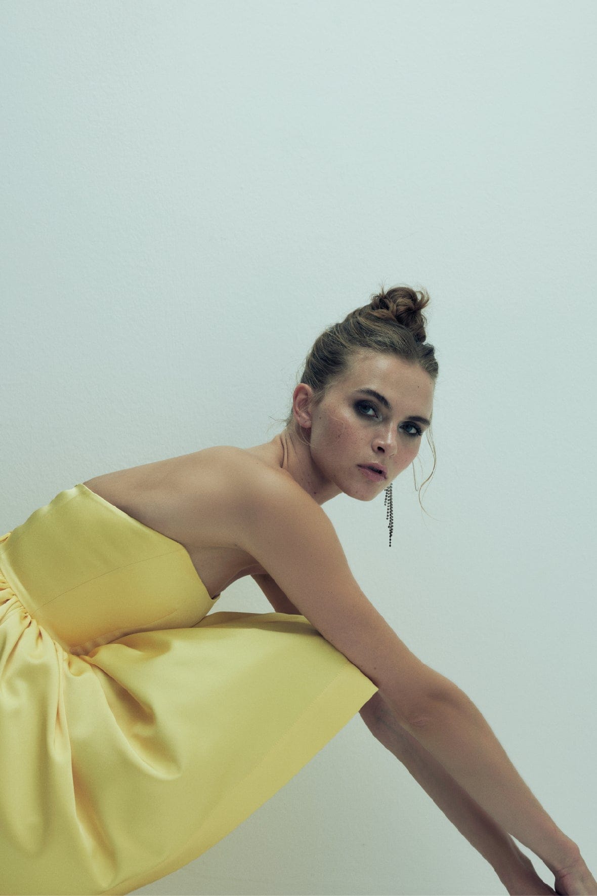 Sibby Strapless Satin Mini Dress in Marigold made by Nazli Ceren