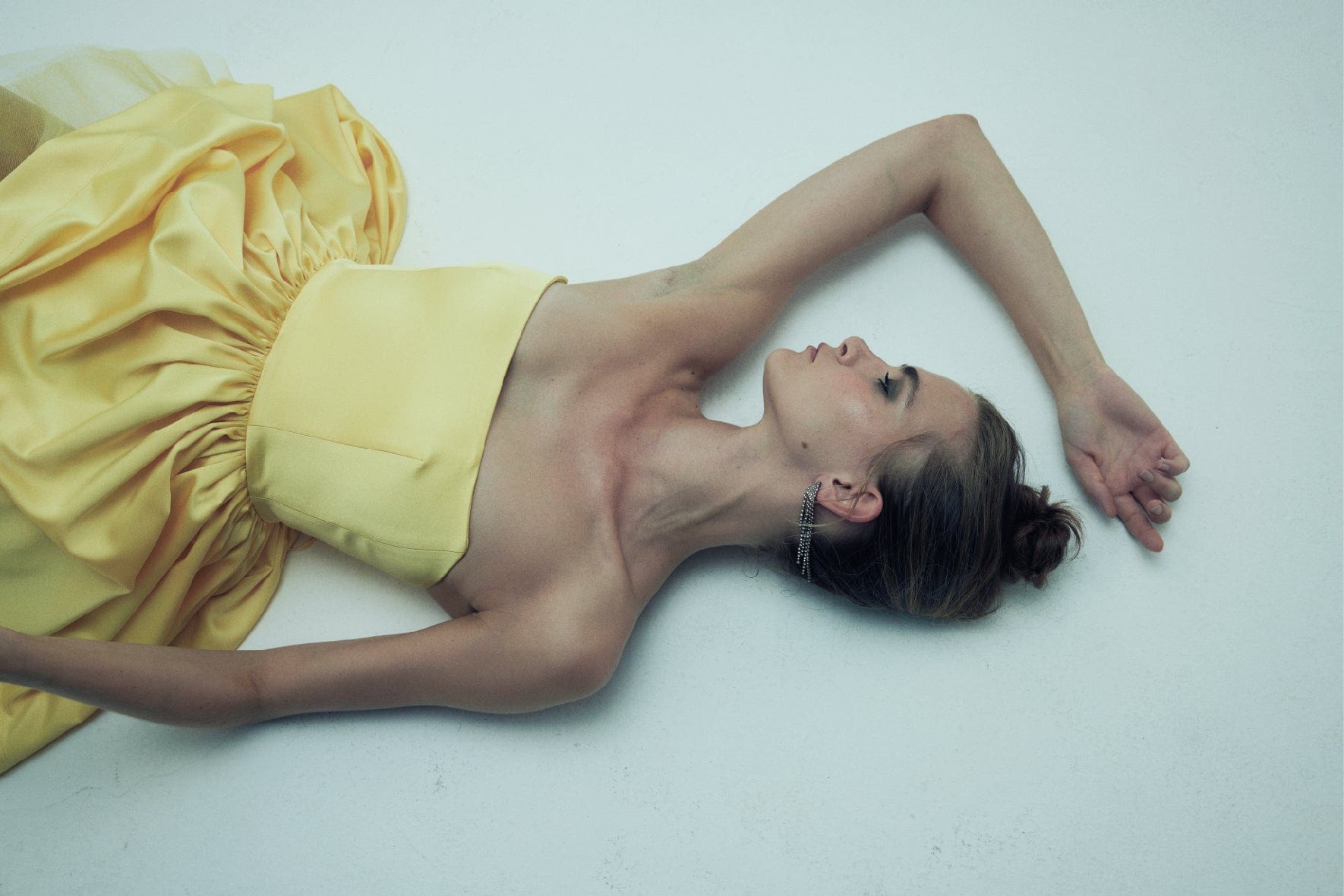 Sibby Strapless Satin Mini Dress in Marigold made by Nazli Ceren