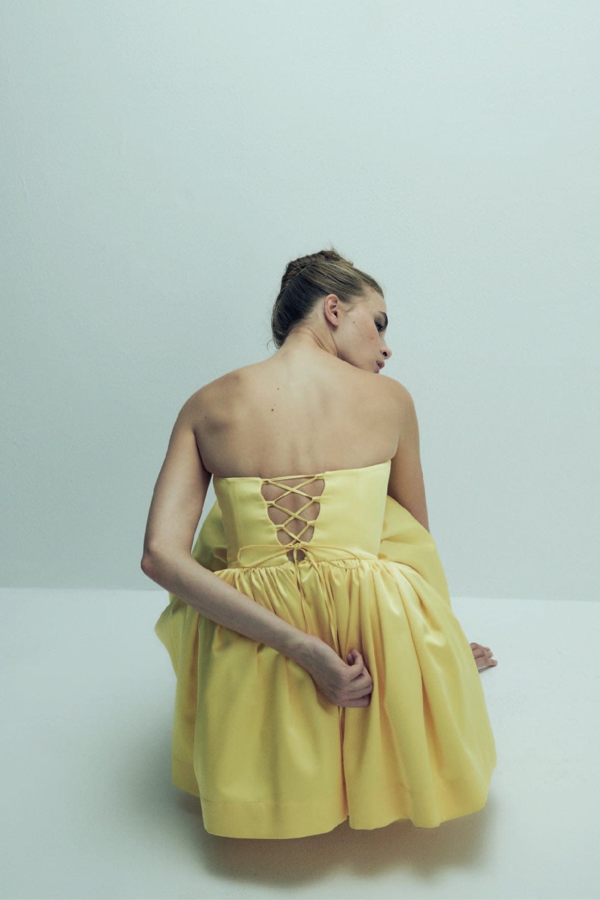 Sibby Strapless Satin Mini Dress in Marigold made by Nazli Ceren