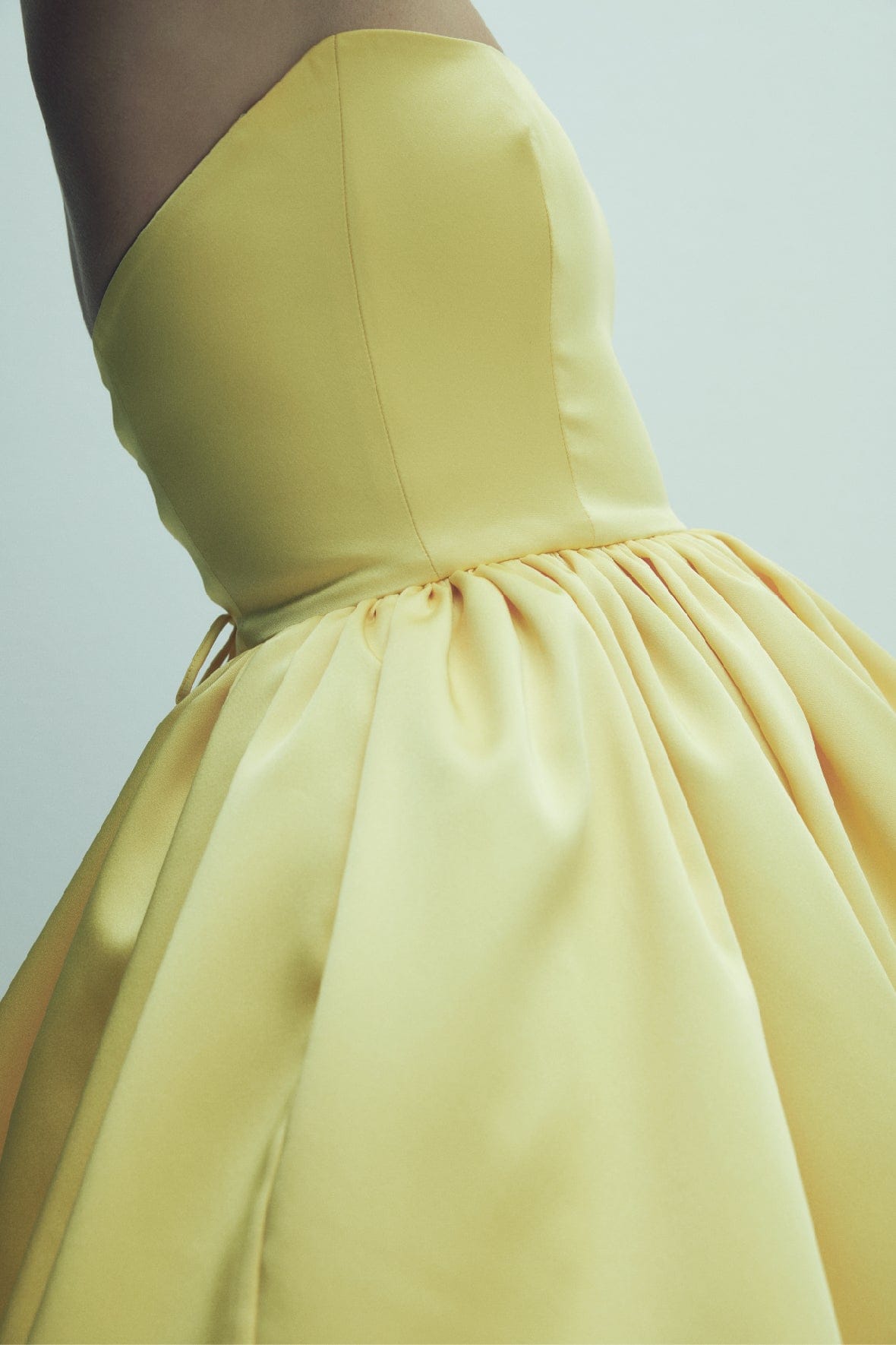 Sibby Strapless Satin Mini Dress in Marigold made by Nazli Ceren