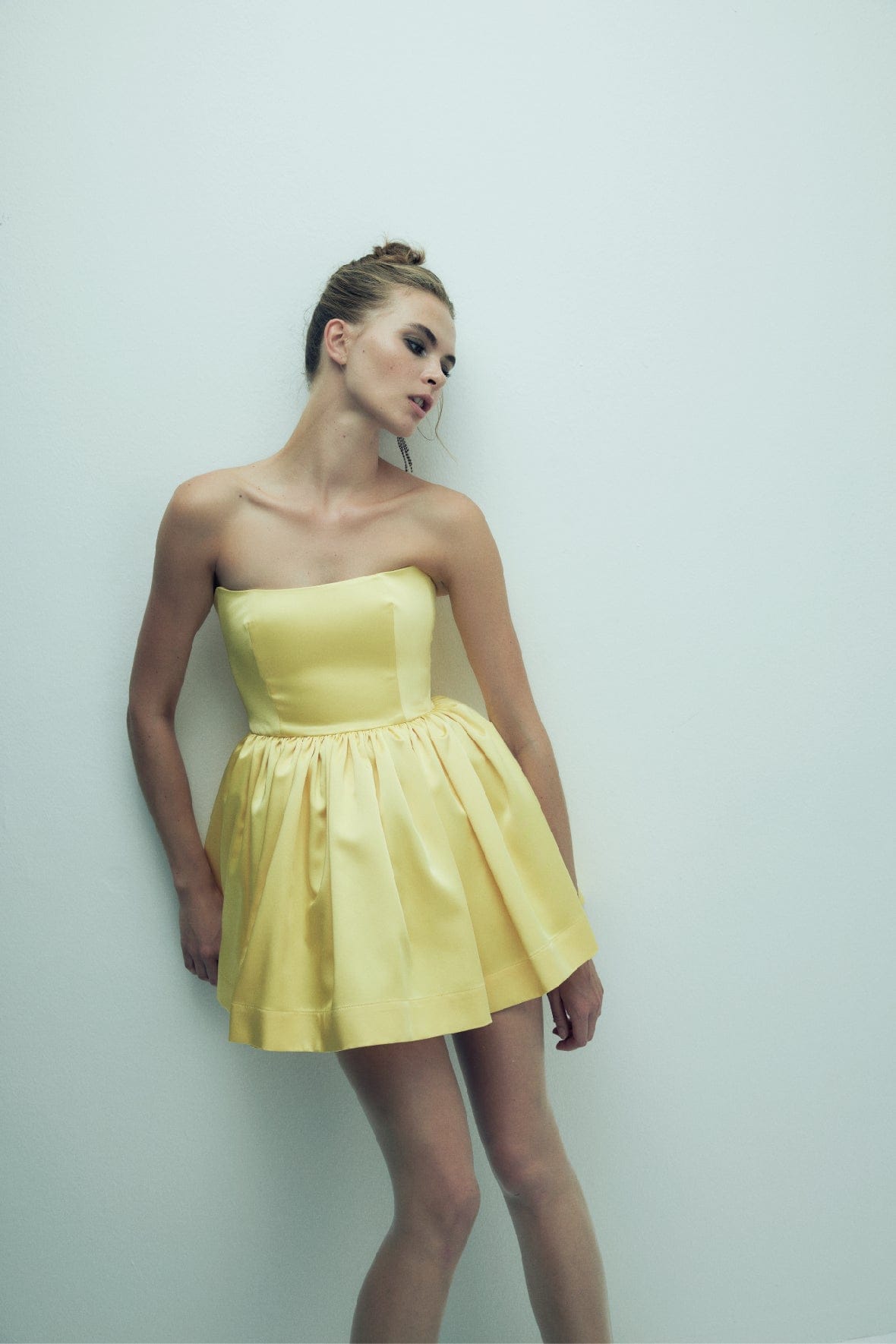 Sibby Strapless Satin Mini Dress in Marigold made by Nazli Ceren