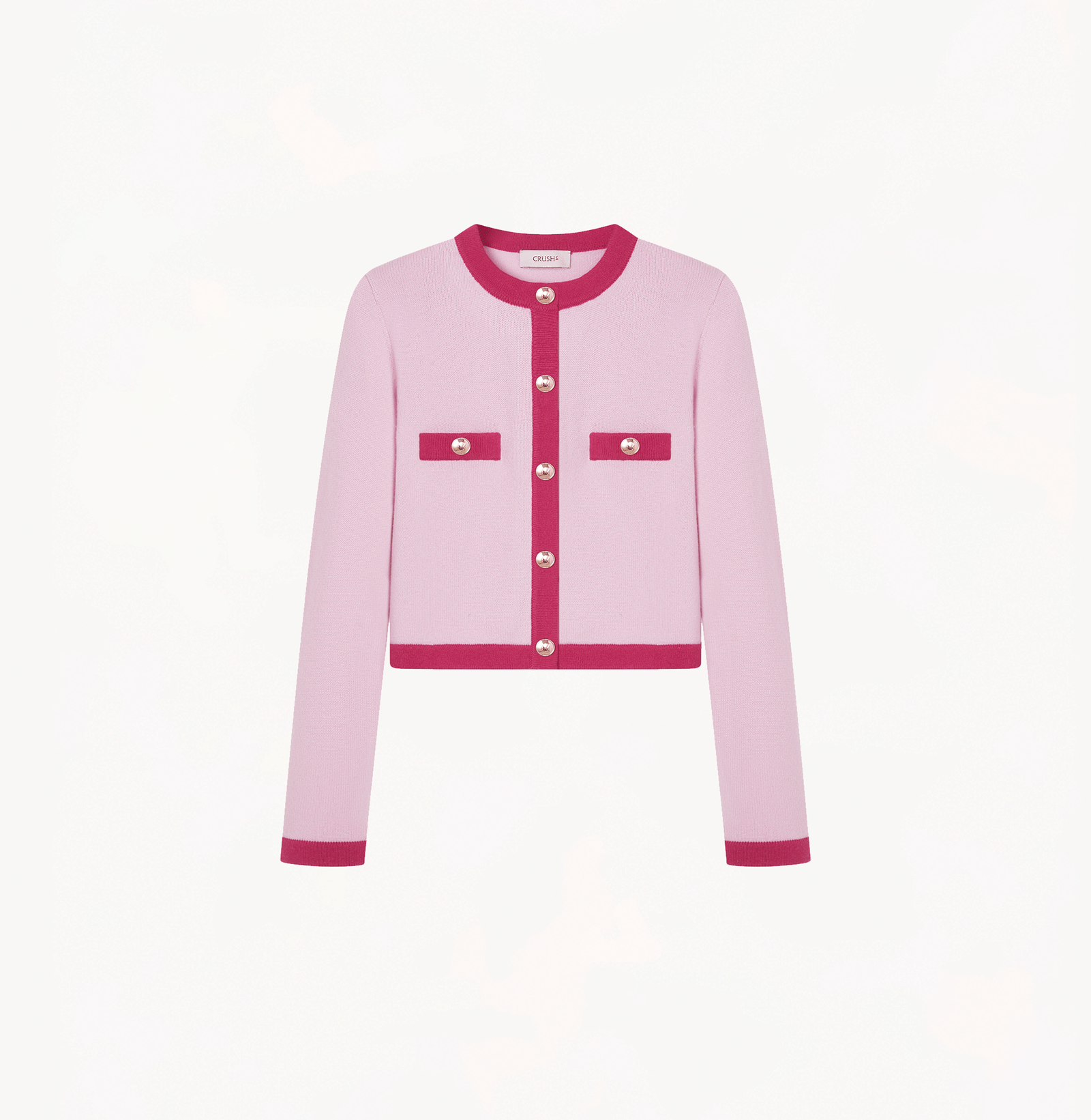 BUTTON-EMBELLISHED COLORBLOCKED CREWNECK CARDIGAN made by CRUSH Collection