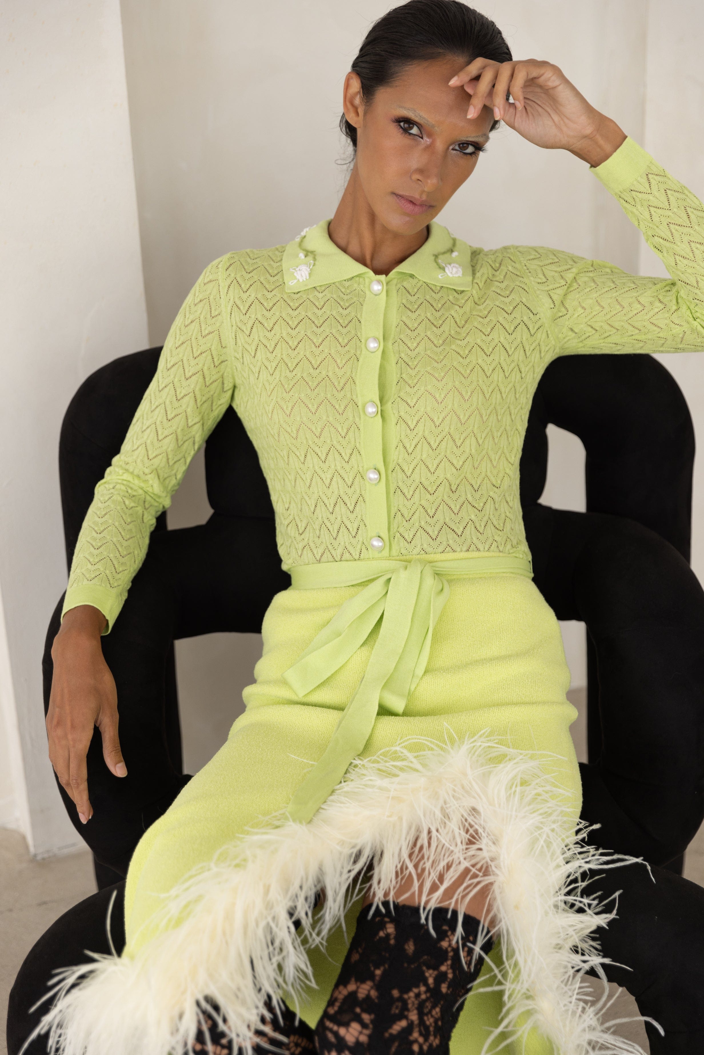 Lime Cashmere Shirt With Embroidery in Green made by ANDREEVA